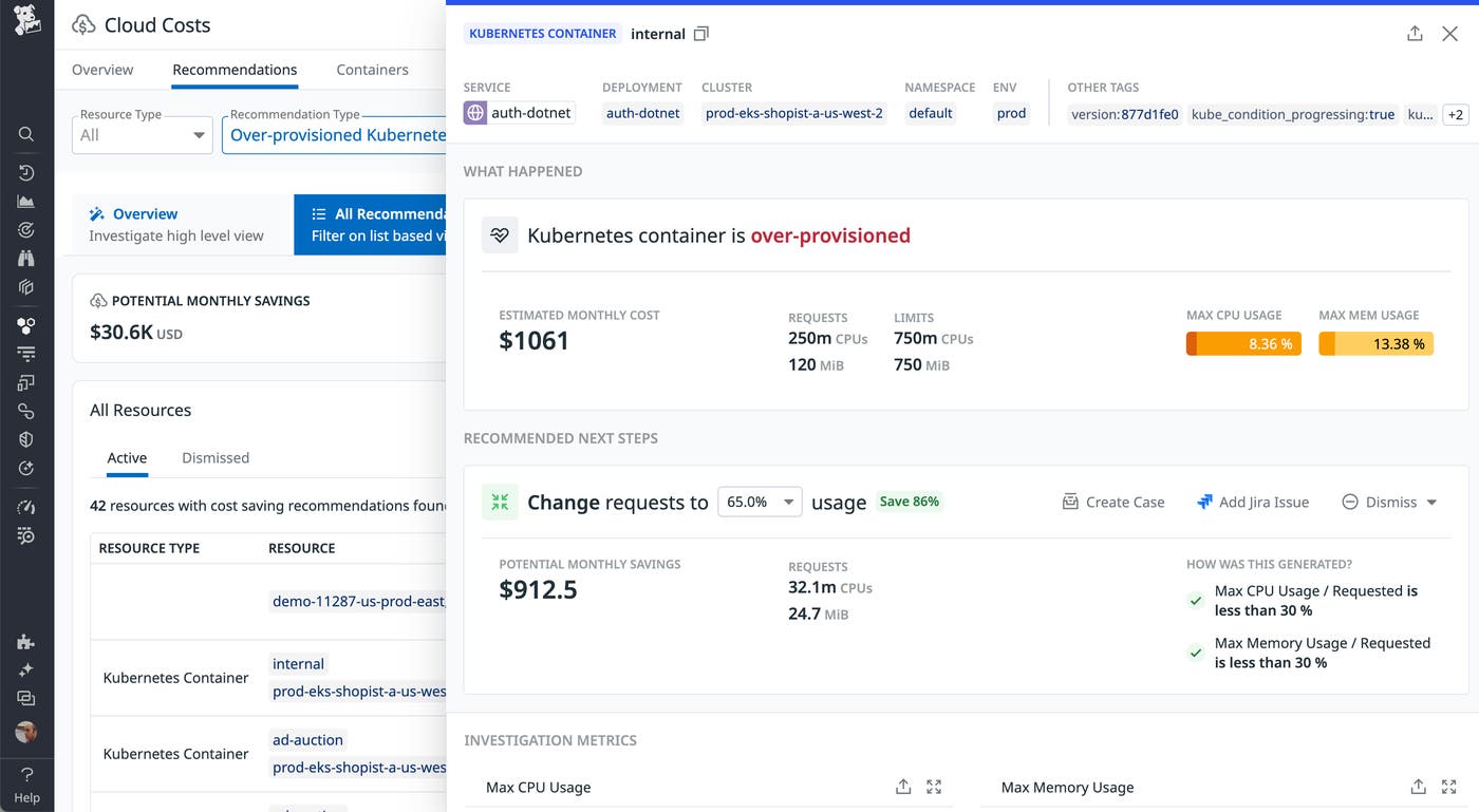 Recommendations for an over-provisioned Kubernetes container with potential monthly savings details. Recommendations for an over-provisioned Kubernetes container with potential monthly savings details.