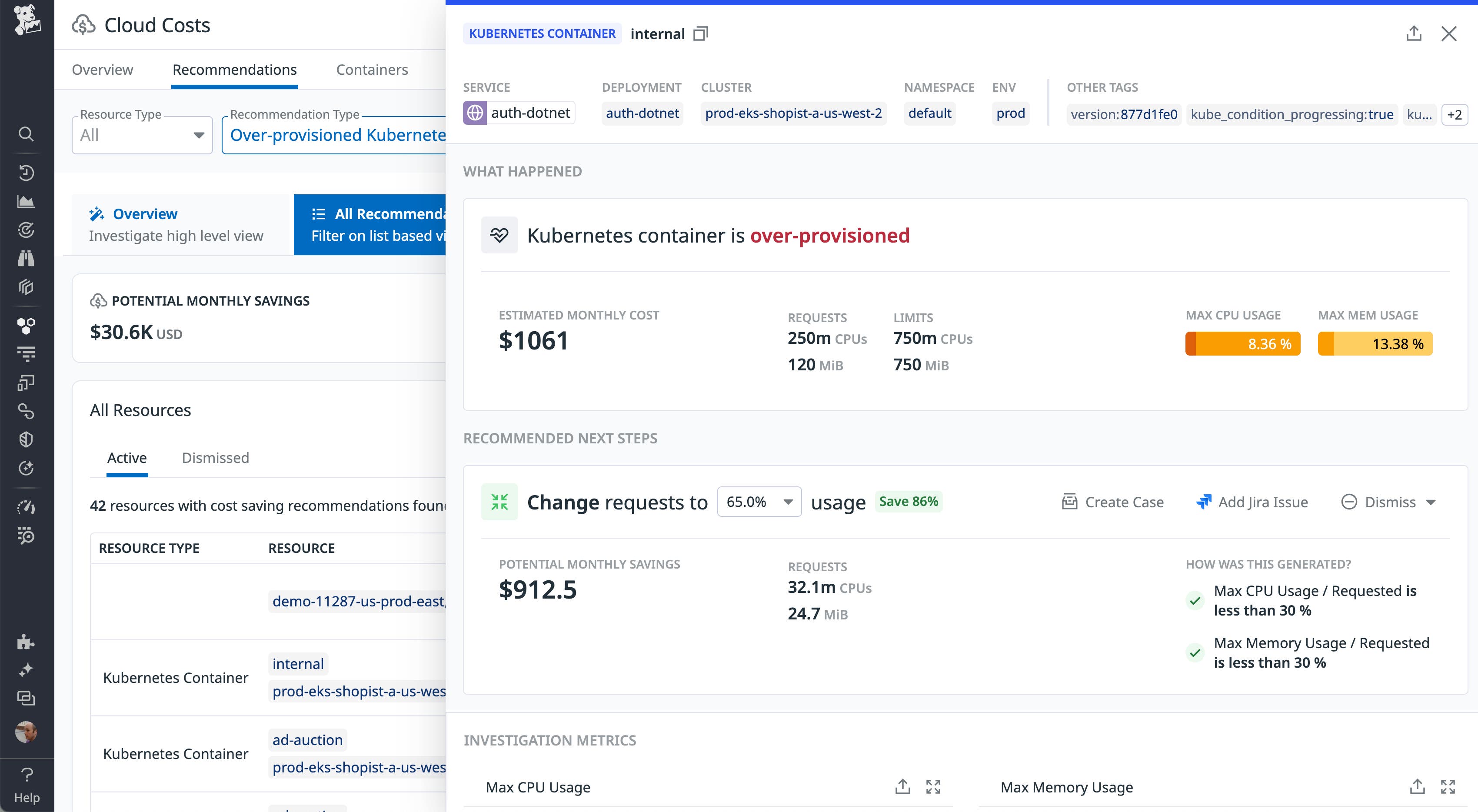 Recommendations for an over-provisioned Kubernetes container with potential monthly savings details. Recommendations for an over-provisioned Kubernetes container with potential monthly savings details.