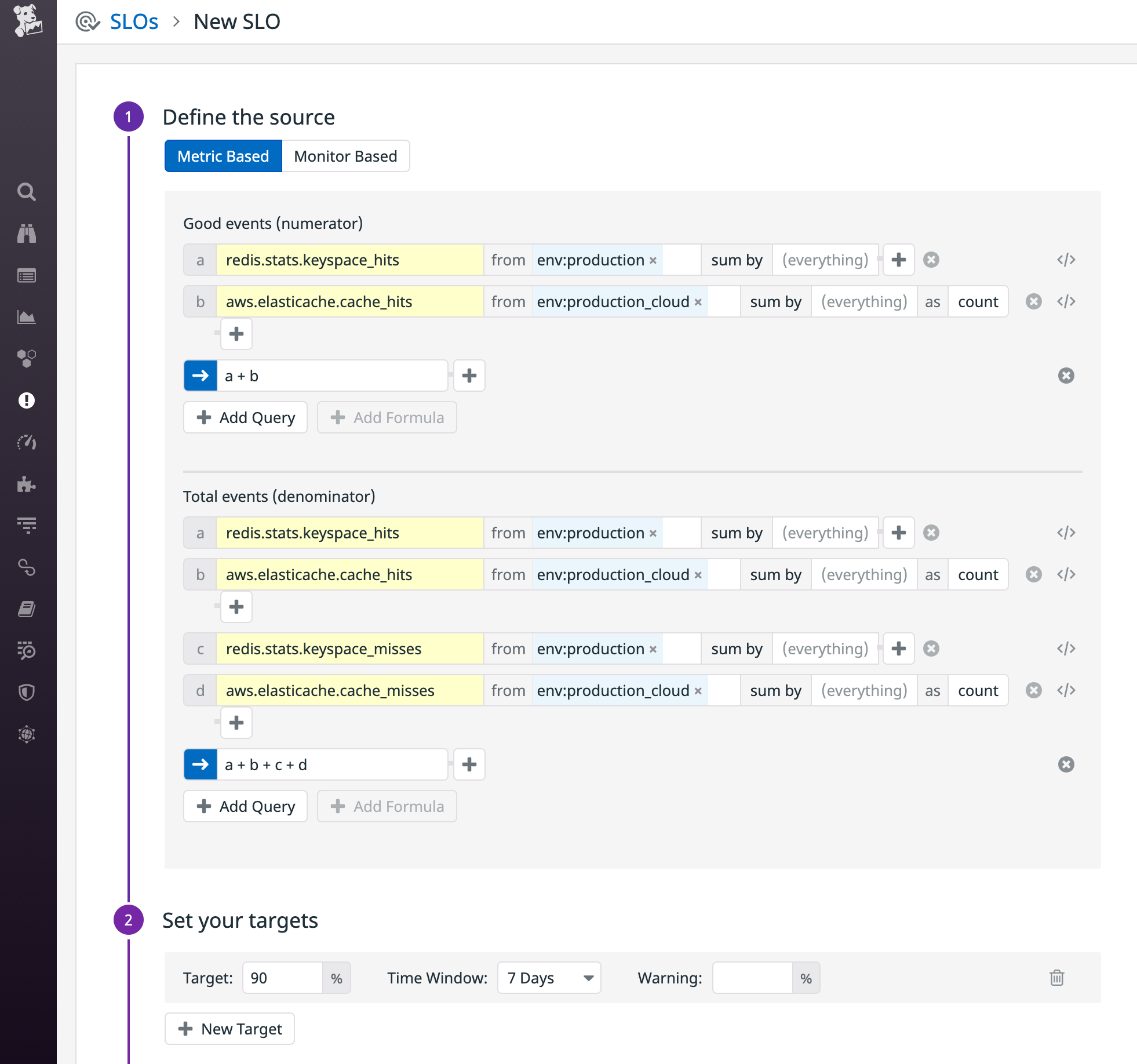 An SLO shows a numerator of Redis cache hits plus Elasticache hits and a denominator of hits from both caches added to misses from both caches.