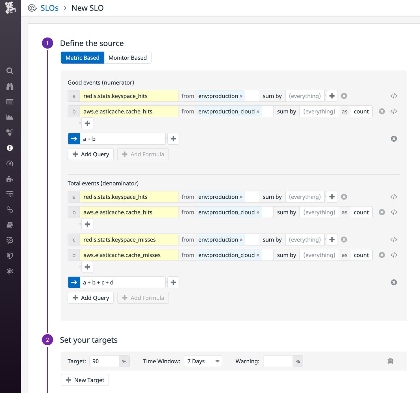 An SLO shows a numerator of Redis cache hits plus Elasticache hits and a denominator of hits from both caches added to misses from both caches. An SLO shows a numerator of Redis cache hits plus Elasticache hits and a denominator of hits from both caches added to misses from both caches.