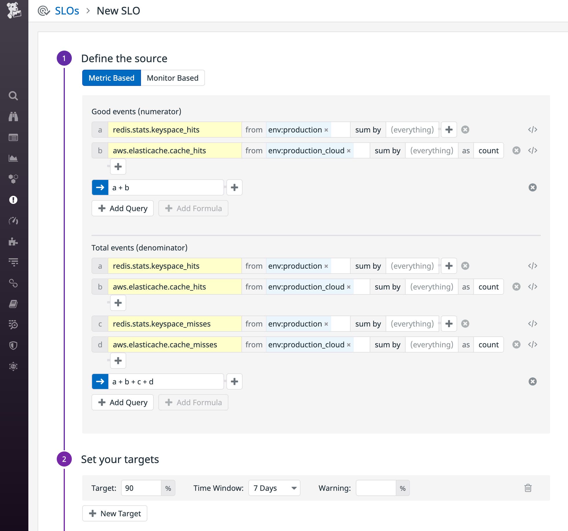 An SLO shows a numerator of Redis cache hits plus Elasticache hits and a denominator of hits from both caches added to misses from both caches. An SLO shows a numerator of Redis cache hits plus Elasticache hits and a denominator of hits from both caches added to misses from both caches.
