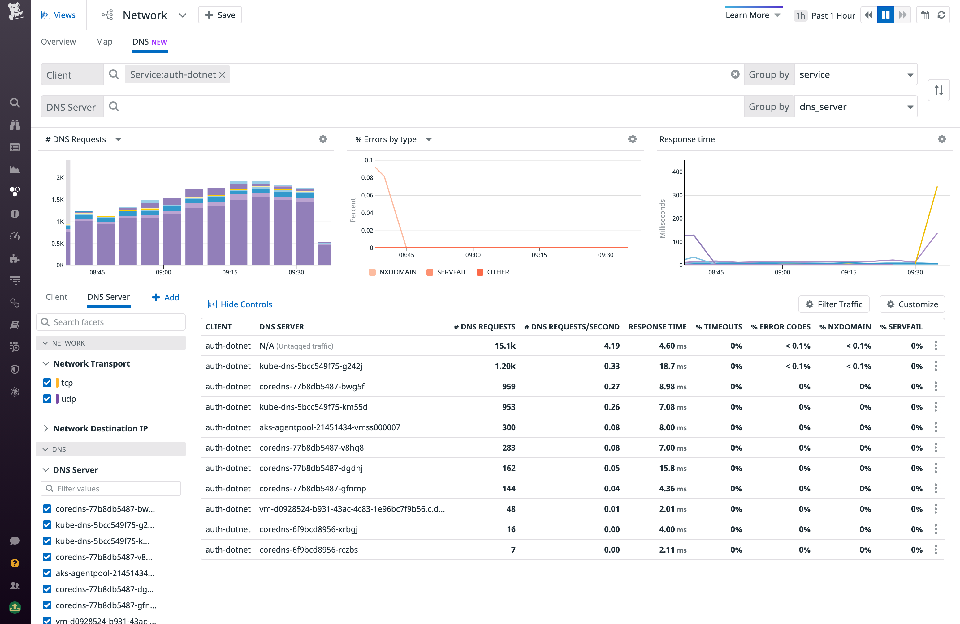 The DNS tab shows DNS traffic performance.
