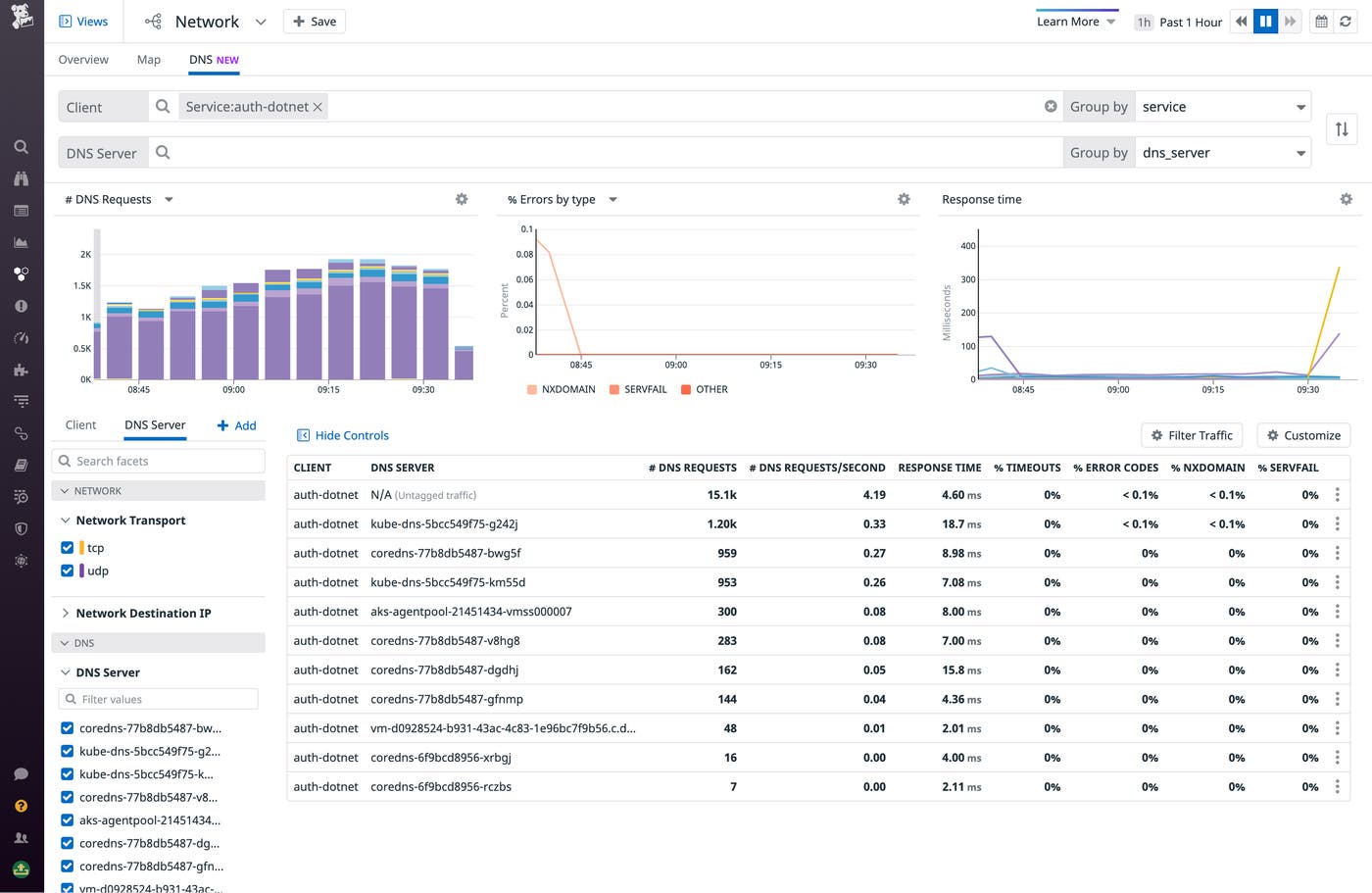 The DNS tab shows DNS traffic performance. The DNS tab shows DNS traffic performance.