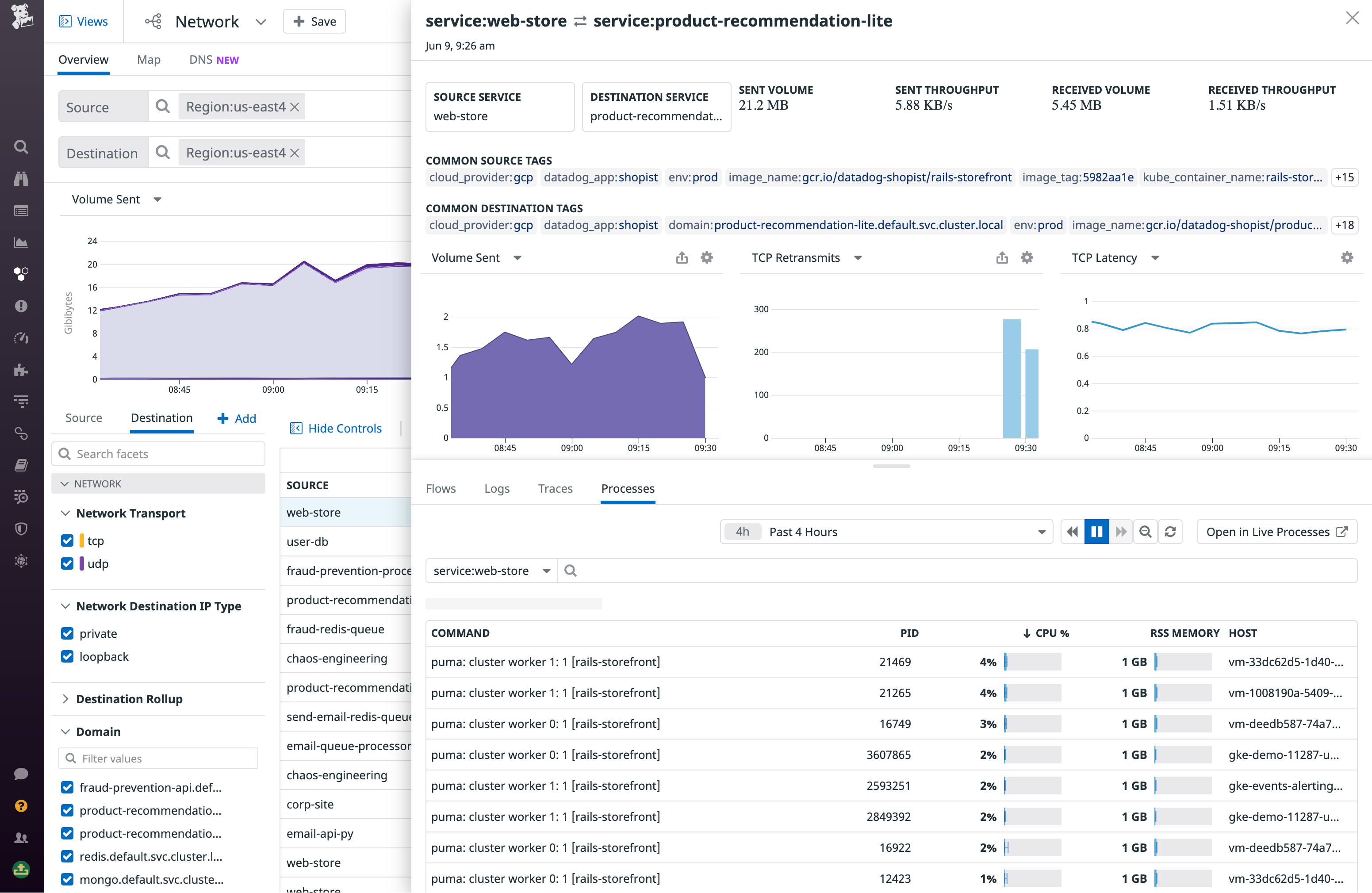 The Processes Tab shows correlated process metrics for the source and destination.