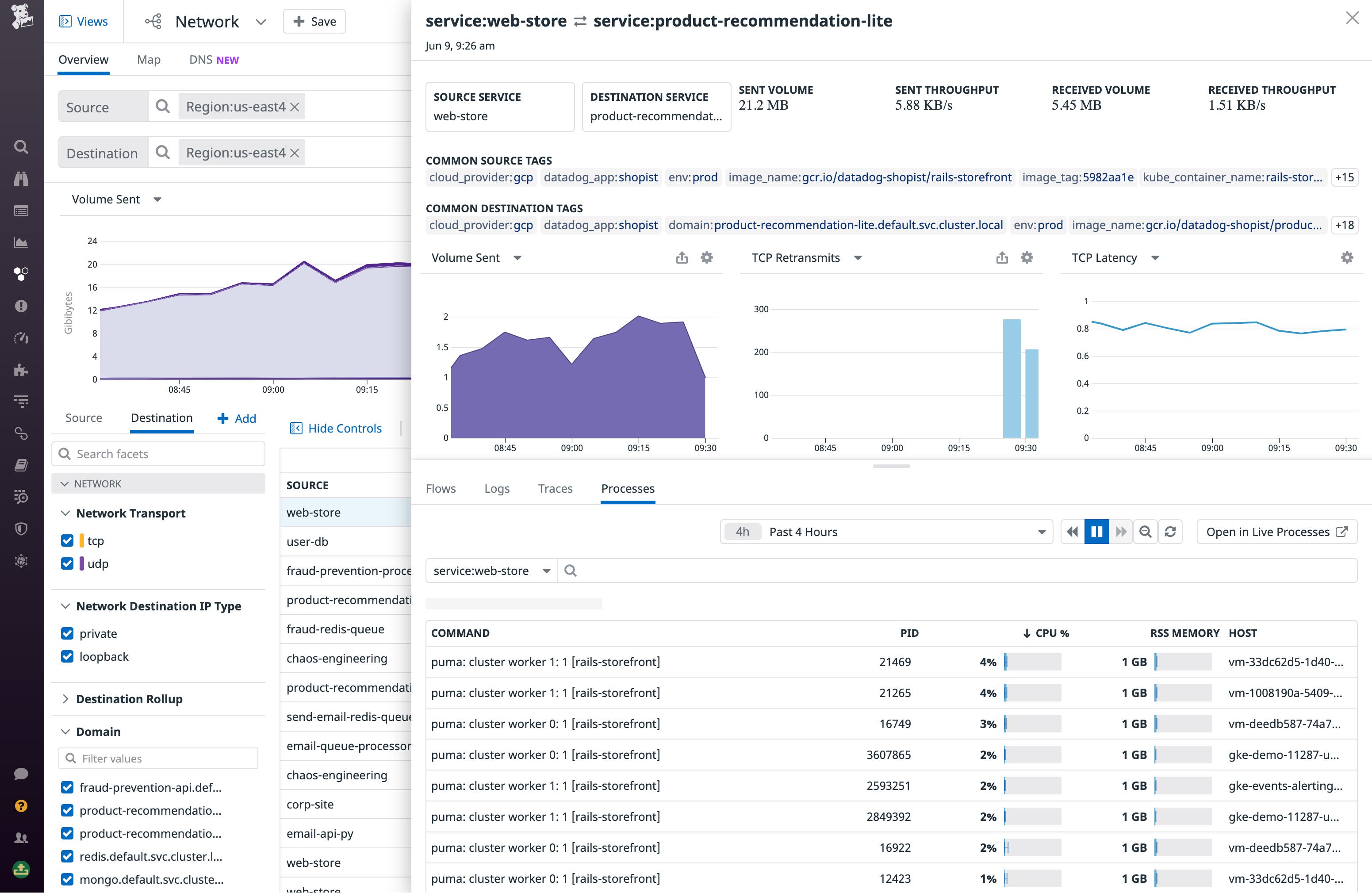 The Processes Tab shows correlated process metrics for the source and destination. The Processes Tab shows correlated process metrics for the source and destination.