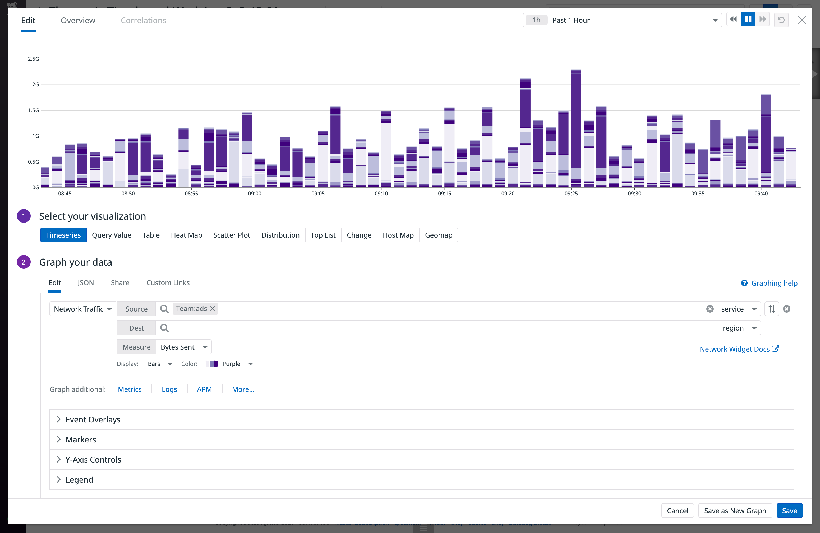 You can use the timeseries editor to add network traffic graphs to dashboards for sharing within your organization.