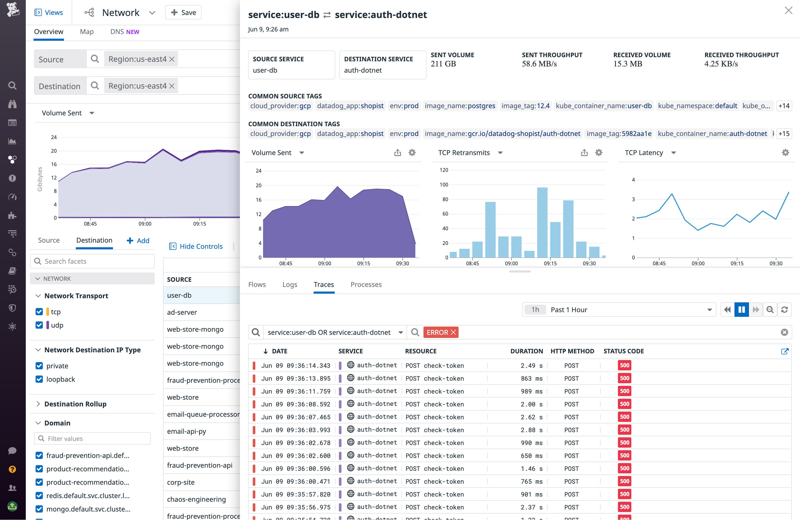 The Traces Tab shows correlated APM traces for the source and destination. The Traces Tab shows correlated APM traces for the source and destination.