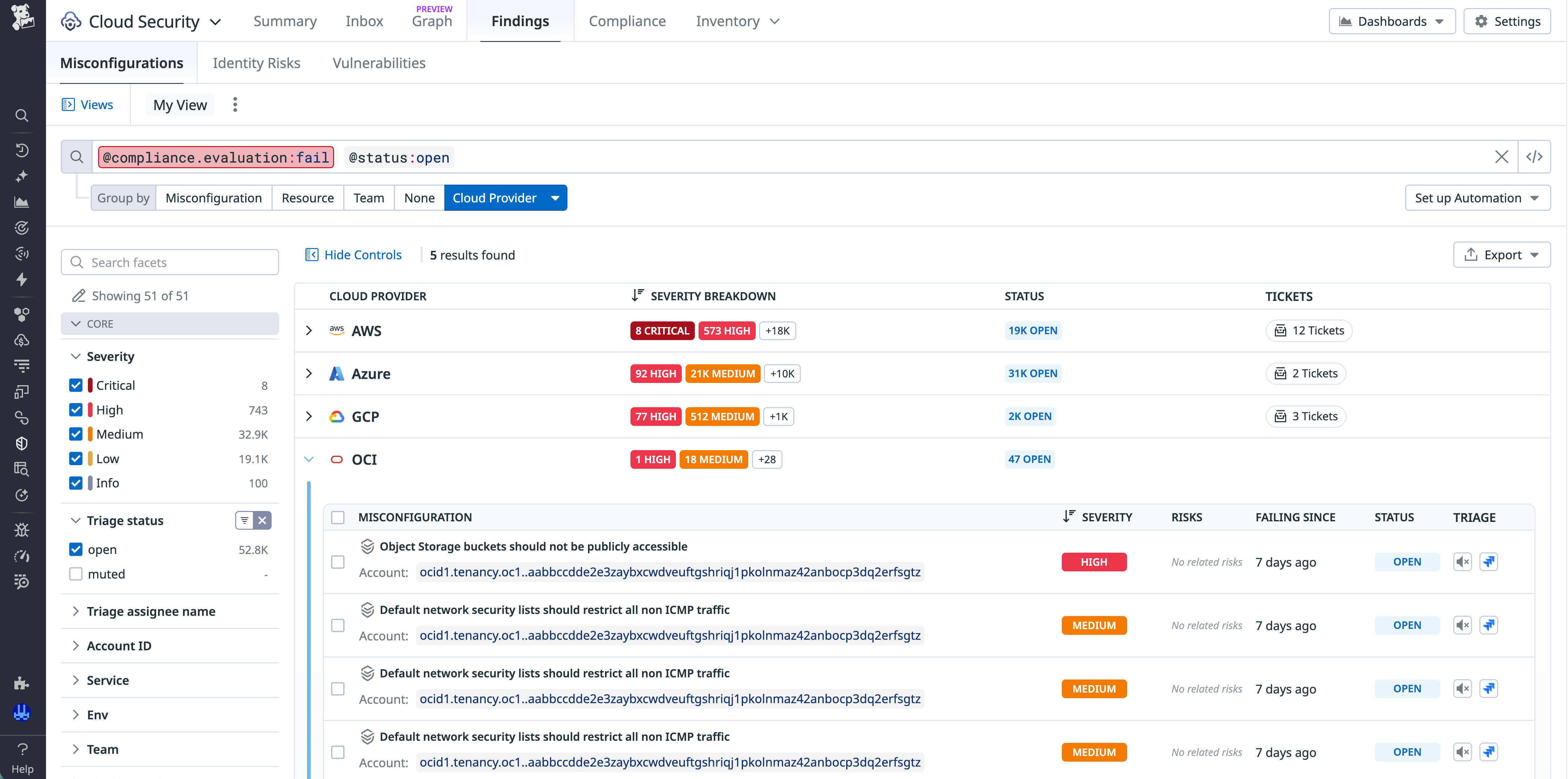 Screenshot of misconfigurations detected by Datadog Cloud Security, grouped by cloud provider.