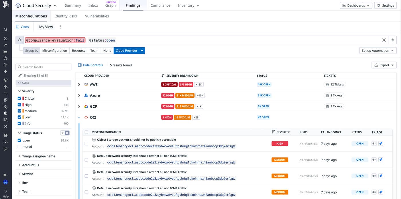 Screenshot of misconfigurations detected by Datadog Cloud Security, grouped by cloud provider. Screenshot of misconfigurations detected by Datadog Cloud Security, grouped by cloud provider.