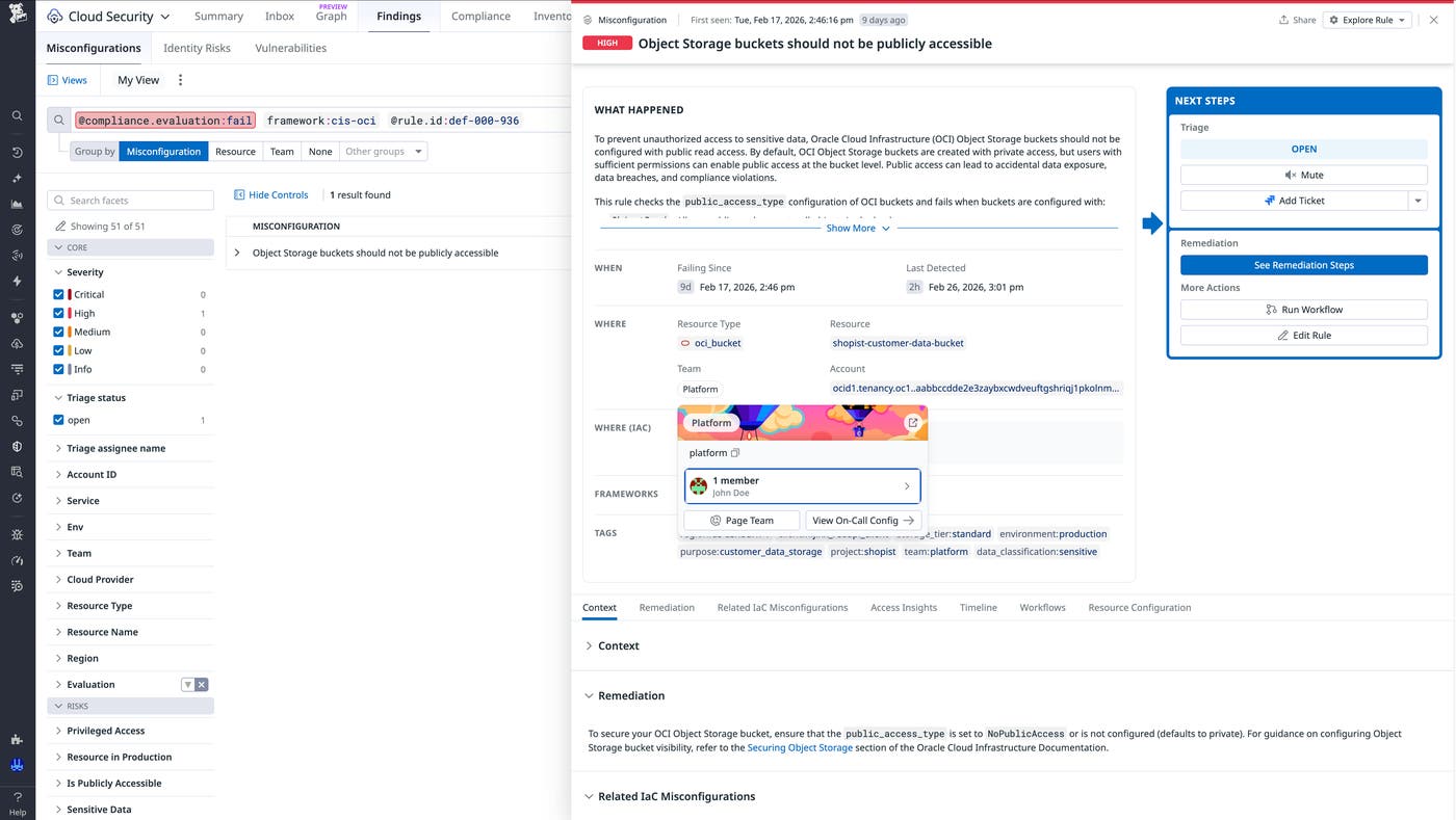 Screenshot of a high-severity finding for an OCI storage bucket that is publicly accessible. Screenshot of a high-severity finding for an OCI storage bucket that is publicly accessible.