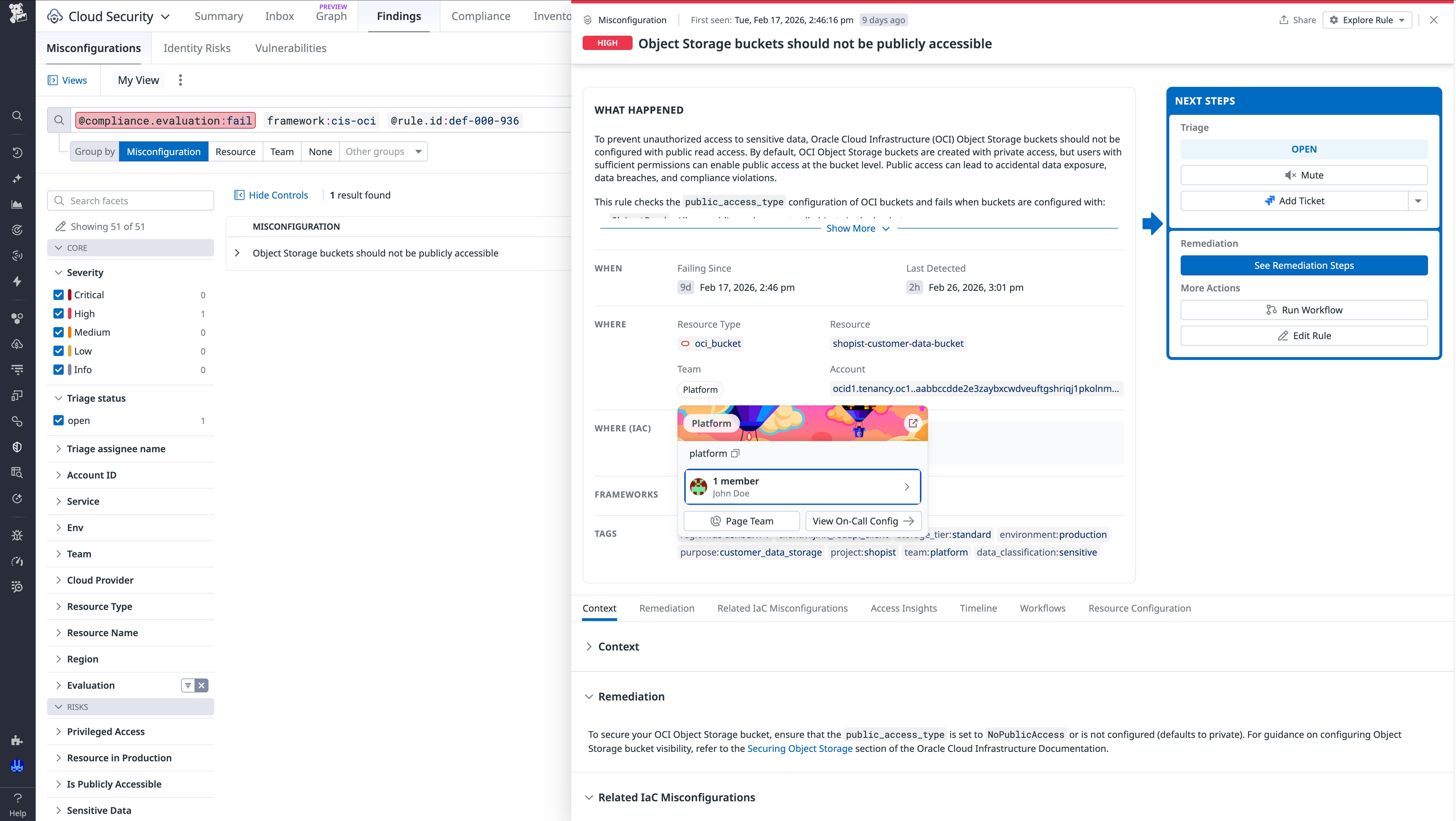 Screenshot of a high-severity finding for an OCI storage bucket that is publicly accessible. Screenshot of a high-severity finding for an OCI storage bucket that is publicly accessible.