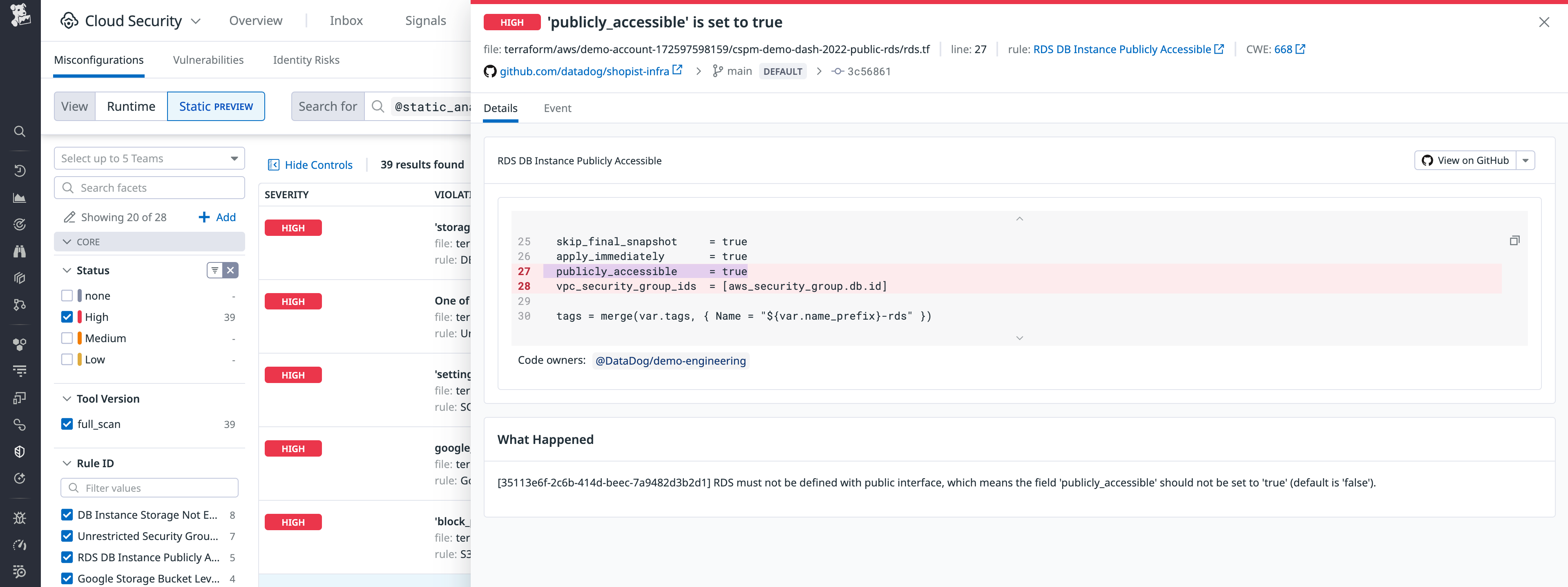Misconfiguration finding in Datadoc IaC Security