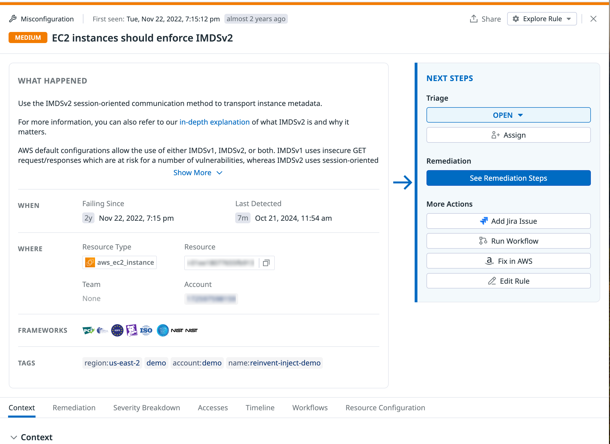 IMDSv1 finding in Datadog Cloud Security