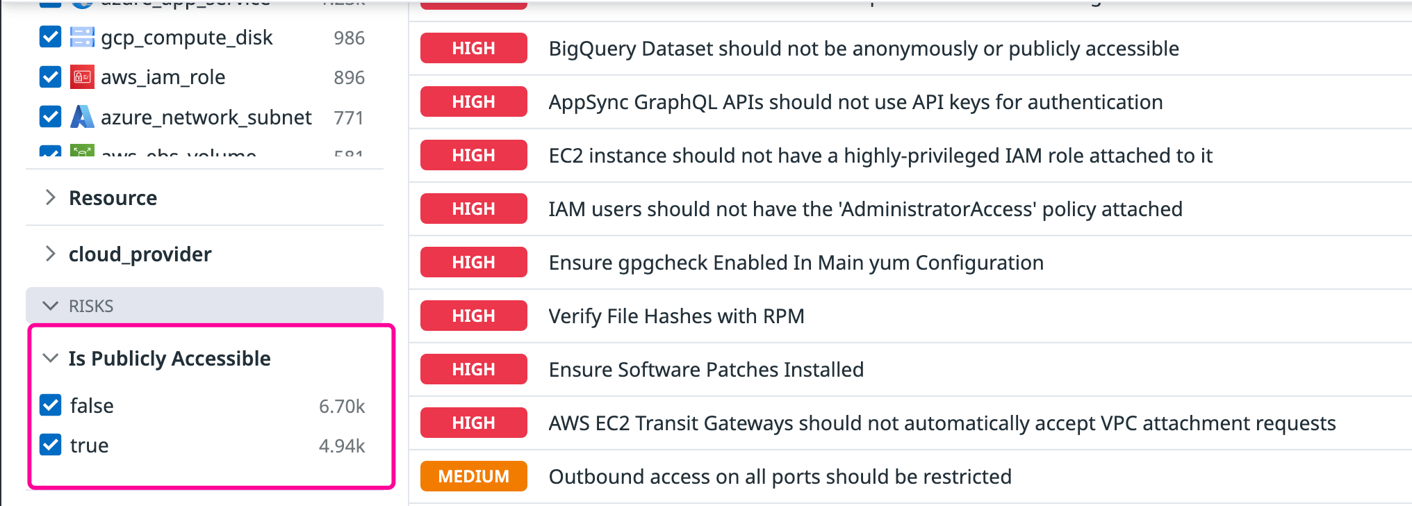 Filter results for public accessibility in Datadog Cloud Security