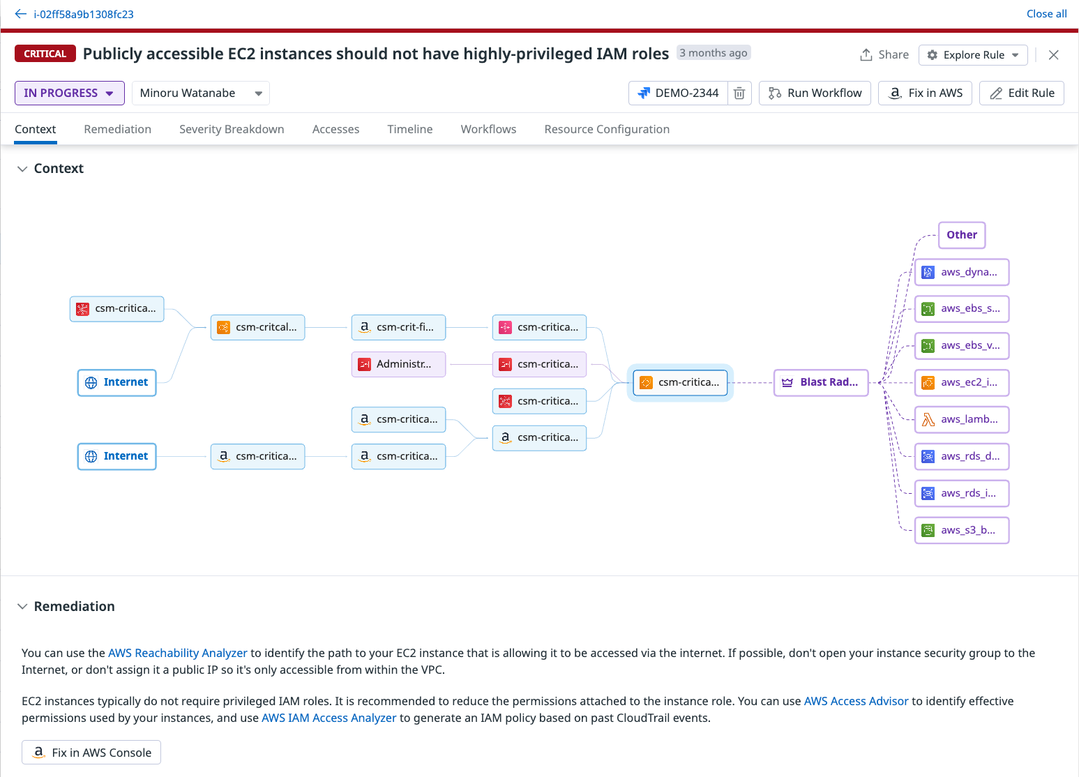 Datadog Cloud Security finding that publicly accessible EC2 instances have highly privileged IAM roles
