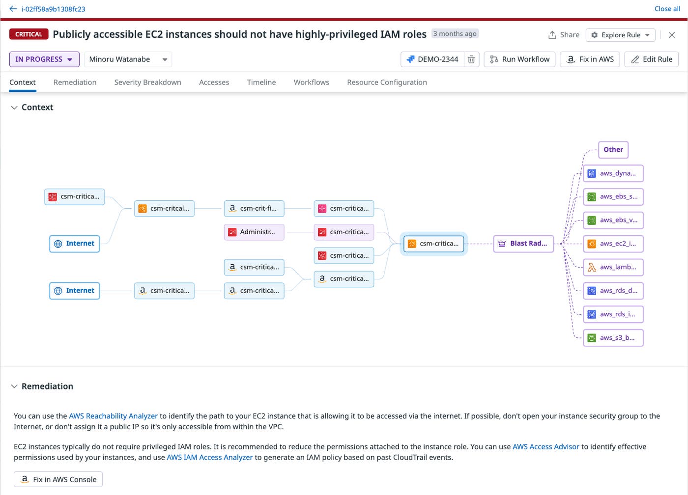 Datadog Cloud Security finding that publicly accessible EC2 instances have highly privileged IAM roles Datadog Cloud Security finding that publicly accessible EC2 instances have highly privileged IAM roles