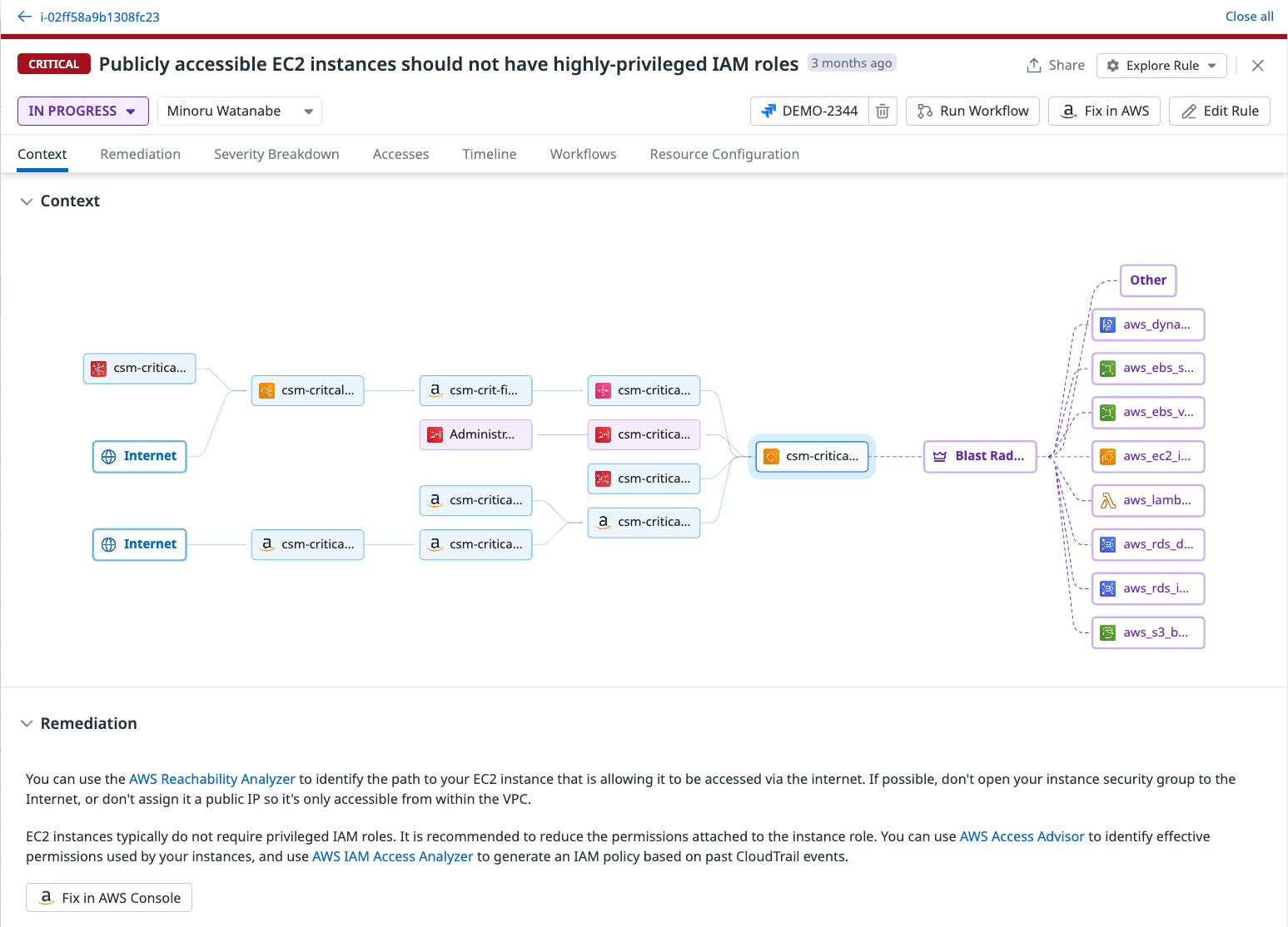Datadog Cloud Security finding that publicly accessible EC2 instances have highly privileged IAM roles Datadog Cloud Security finding that publicly accessible EC2 instances have highly privileged IAM roles