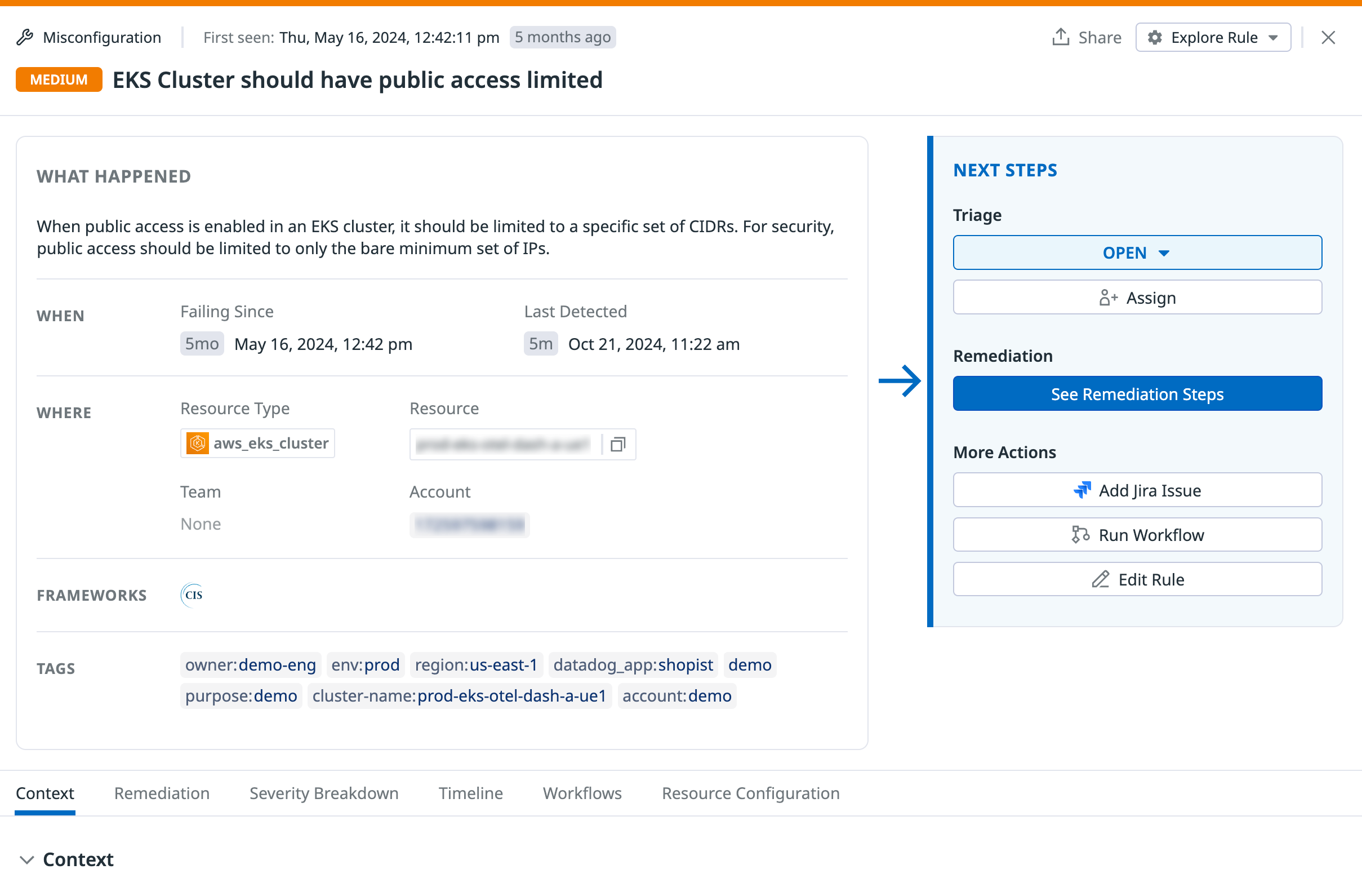 Insecure EKS cluster finding in Datadog Cloud Security