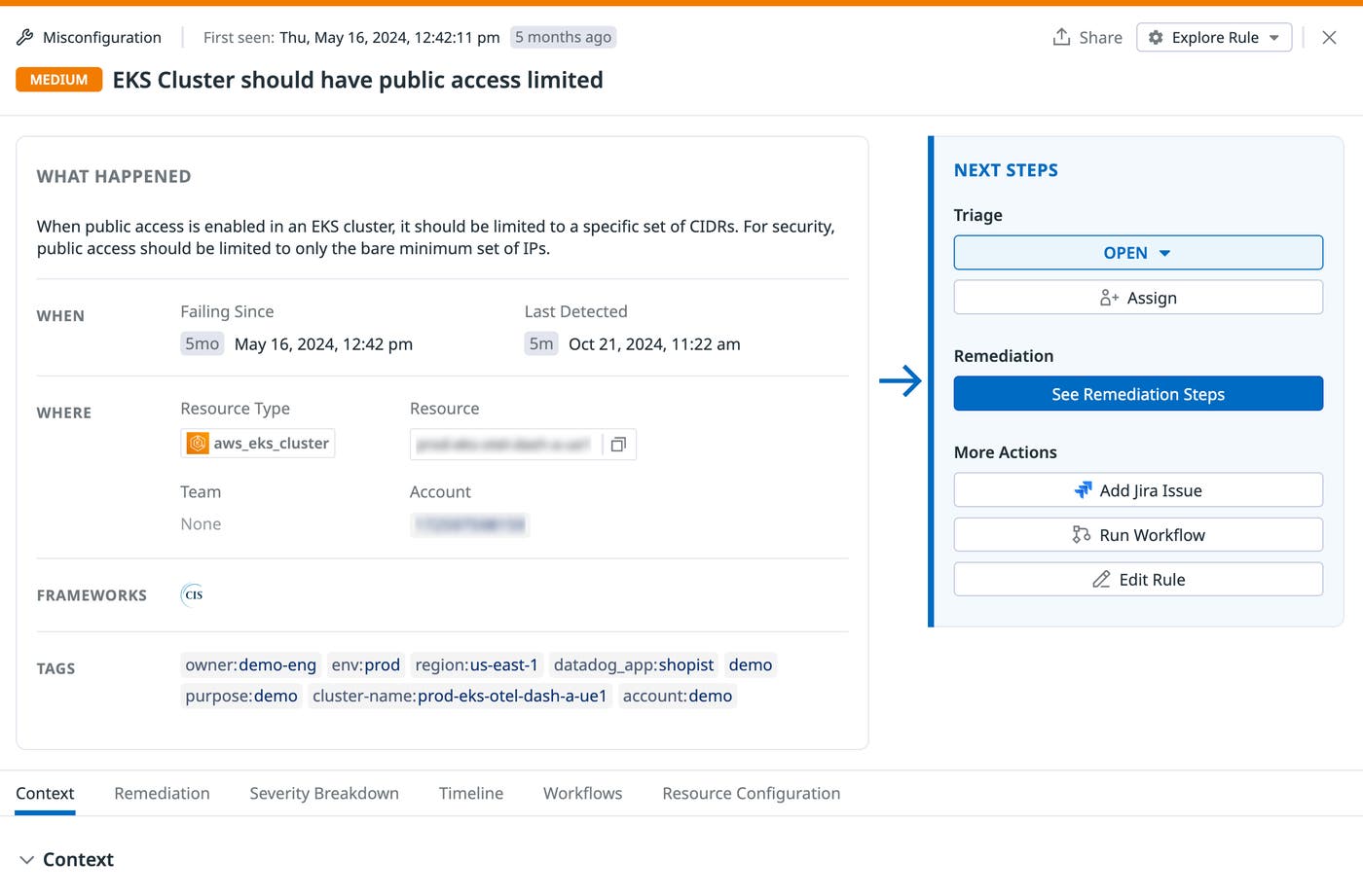 Insecure EKS cluster finding in Datadog Cloud Security Insecure EKS cluster finding in Datadog Cloud Security