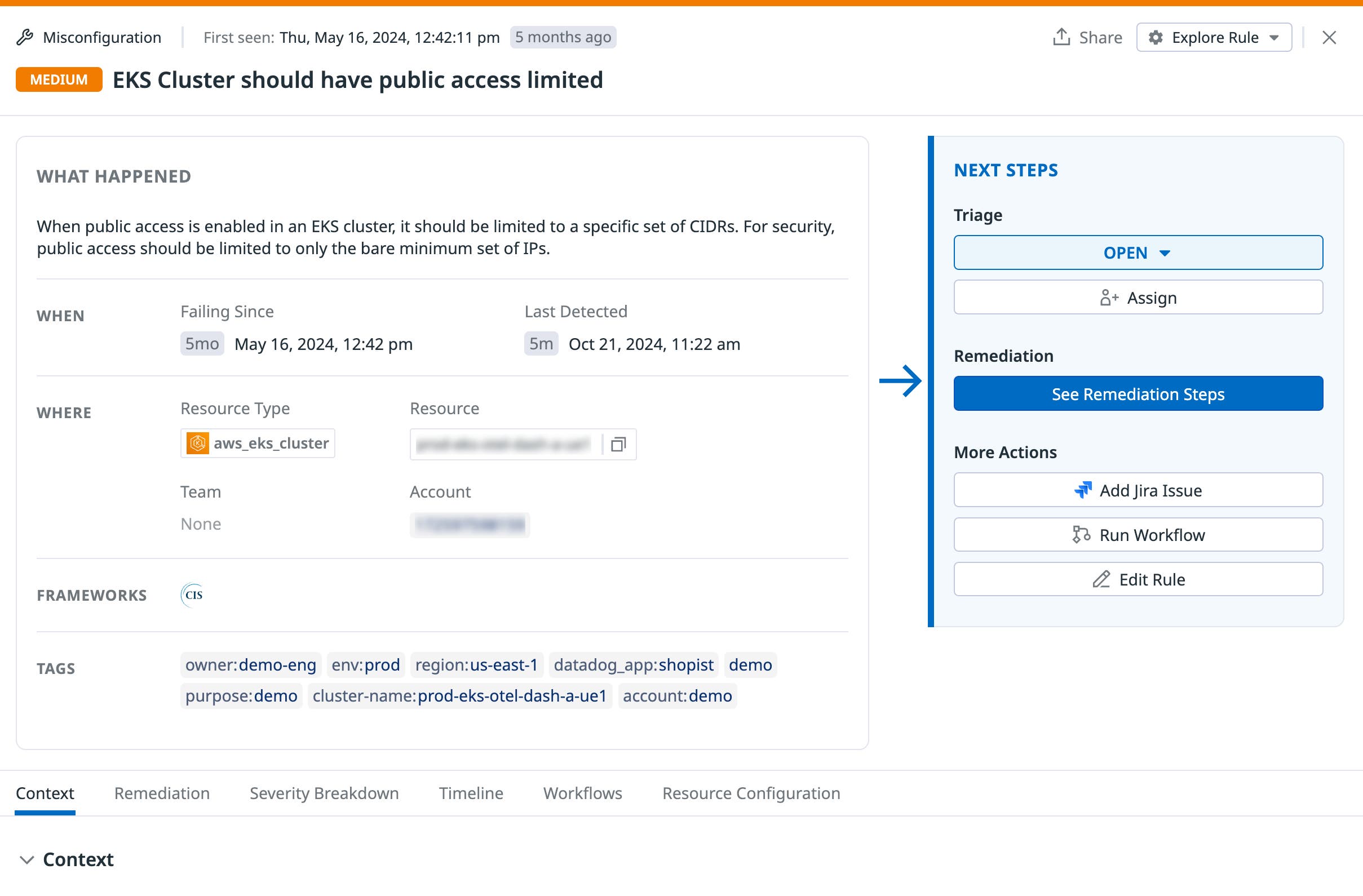 Insecure EKS cluster finding in Datadog Cloud Security Insecure EKS cluster finding in Datadog Cloud Security