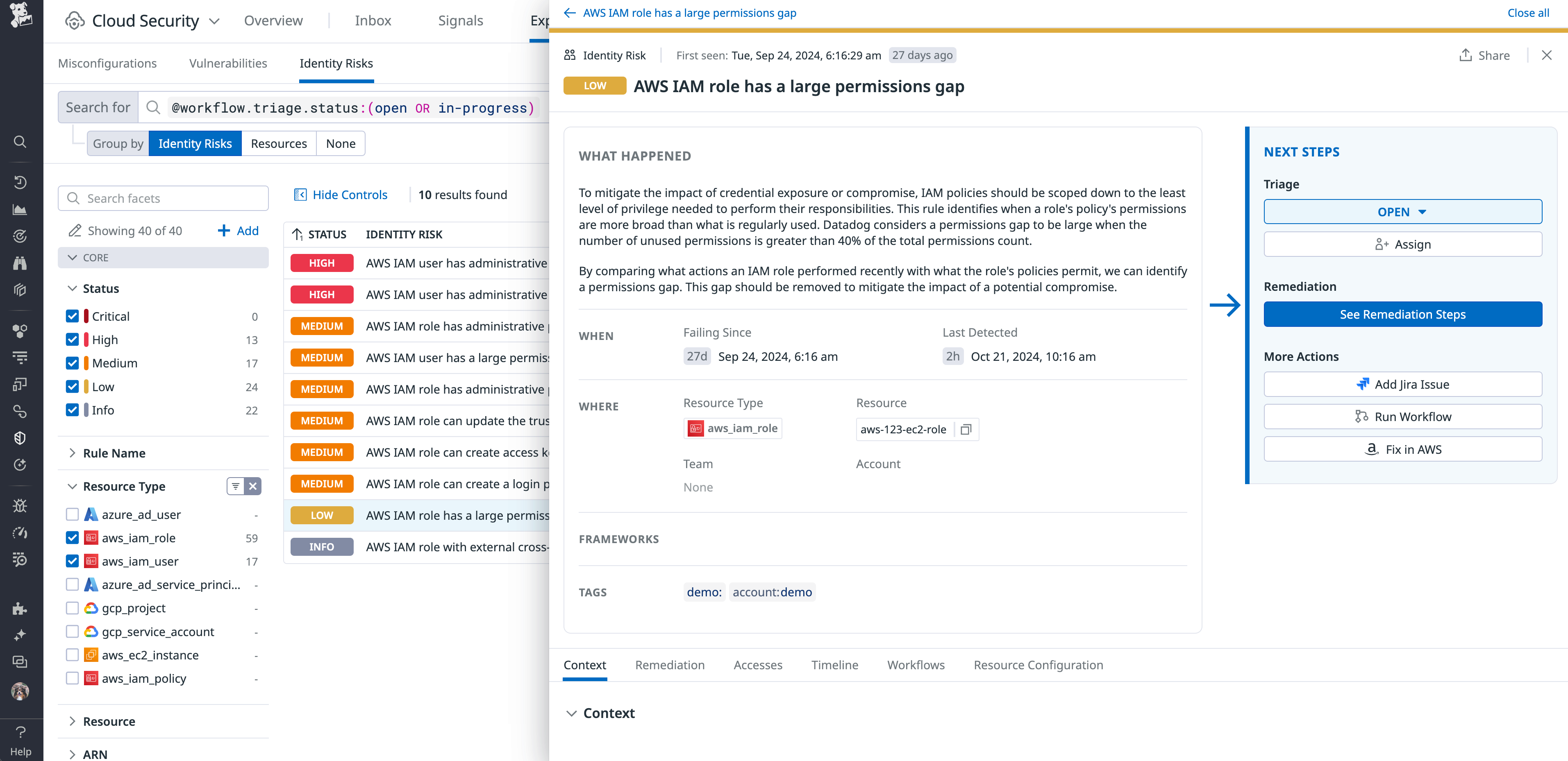 Datadog Cloud Security finding that AWS IAM role has a large permissions gap