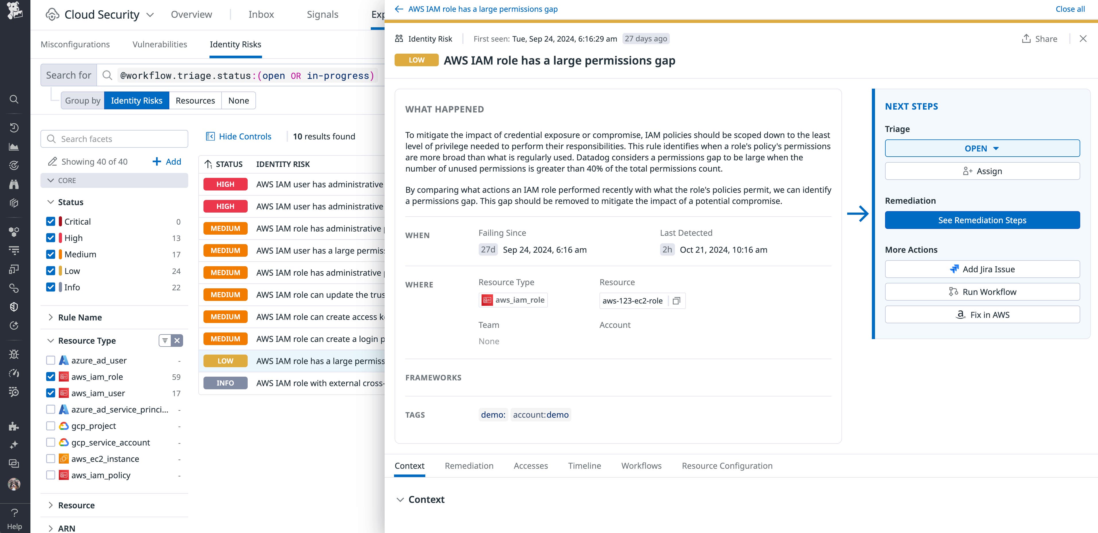 Datadog Cloud Security finding that AWS IAM role has a large permissions gap Datadog Cloud Security finding that AWS IAM role has a large permissions gap