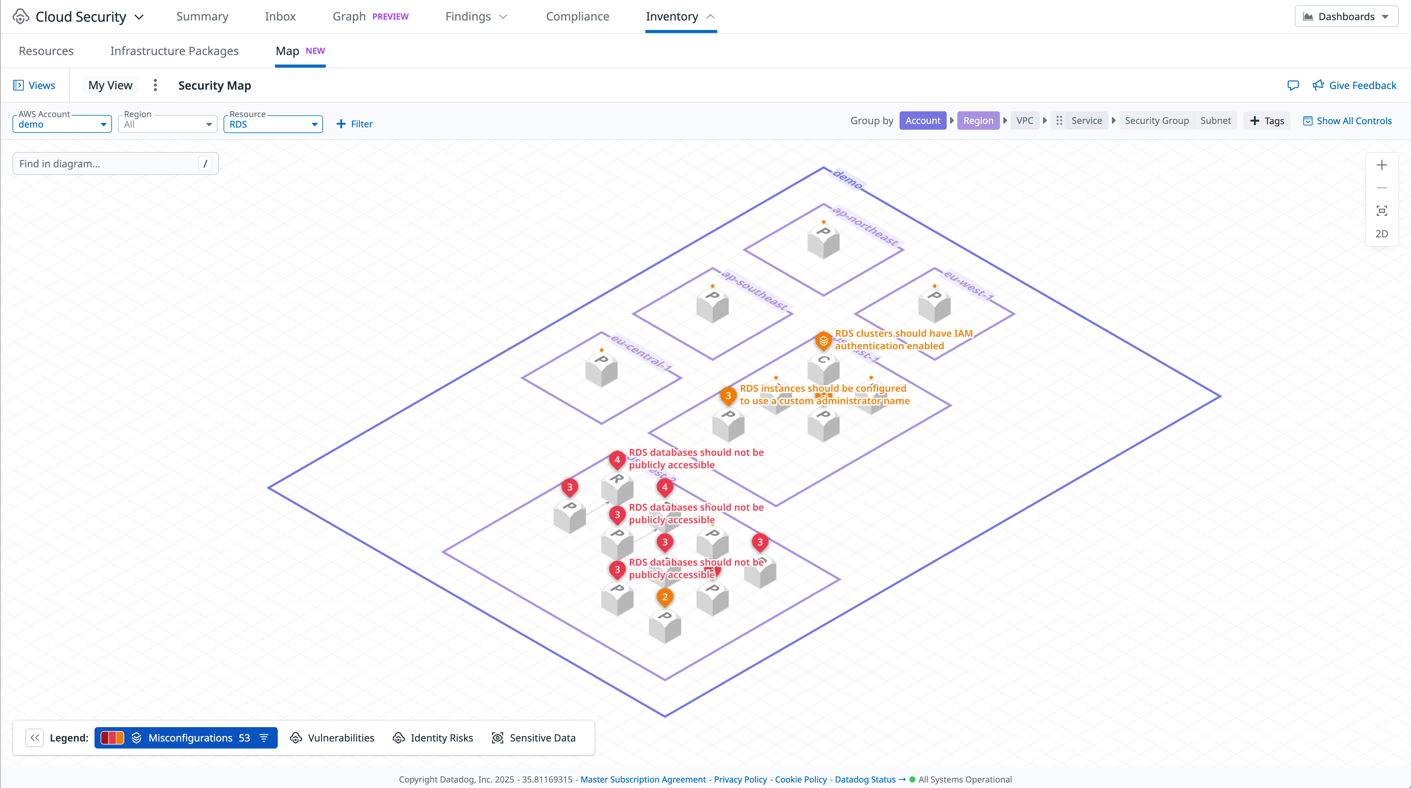 Screenshot of the Datadog Cloud Security Map, which allows you to visualize your security misconfigurations across all of your cloud assets.