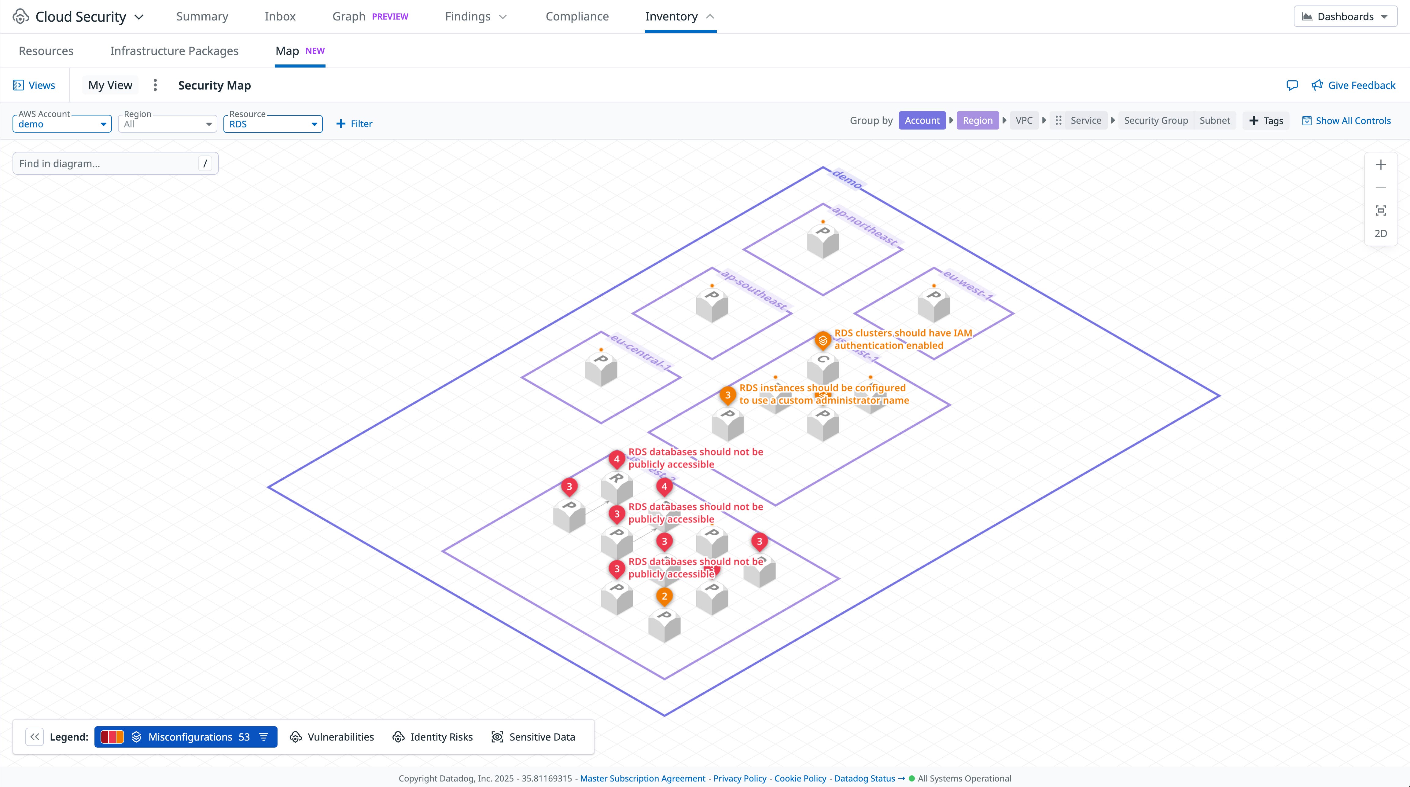 Screenshot of the Datadog Cloud Security Map, which allows you to visualize your security misconfigurations across all of your cloud assets. Screenshot of the Datadog Cloud Security Map, which allows you to visualize your security misconfigurations across all of your cloud assets.