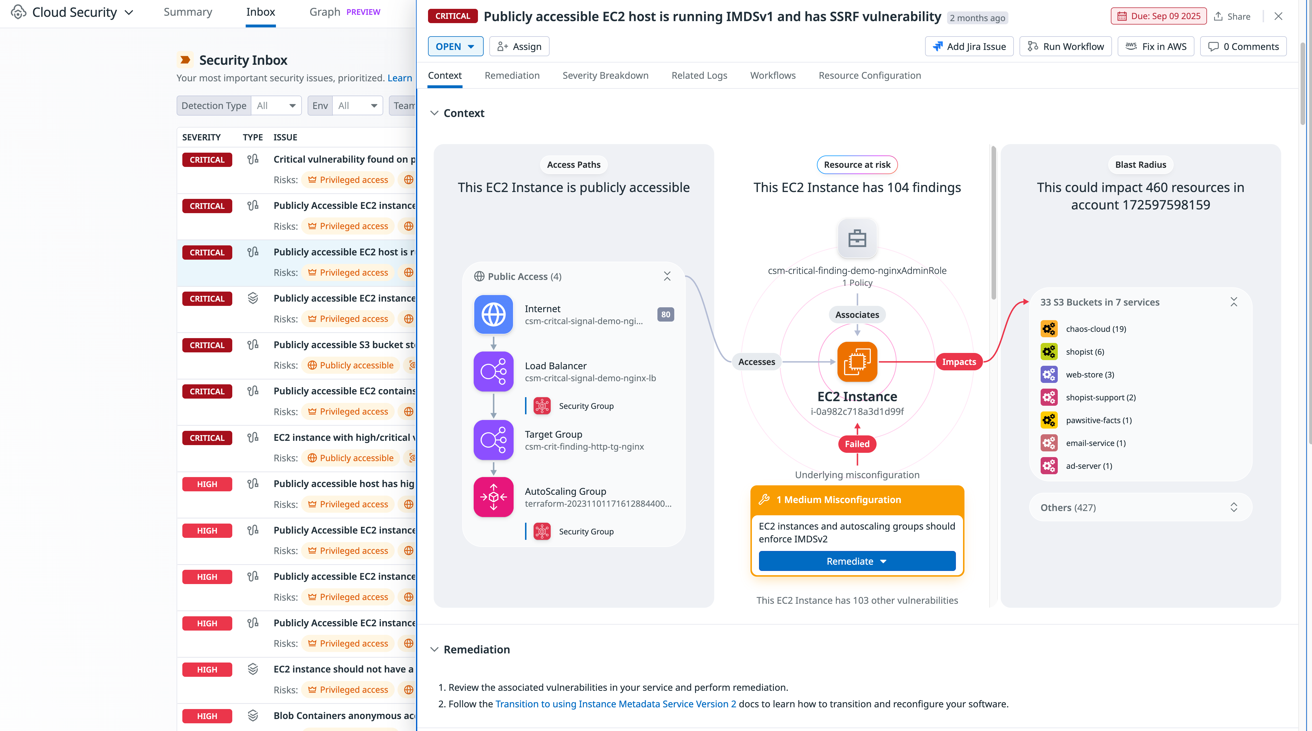This screenshot shows the Cloud Security inbox view with a look at a specific detection rule for an EC2 host using the outdated IMDSv1.