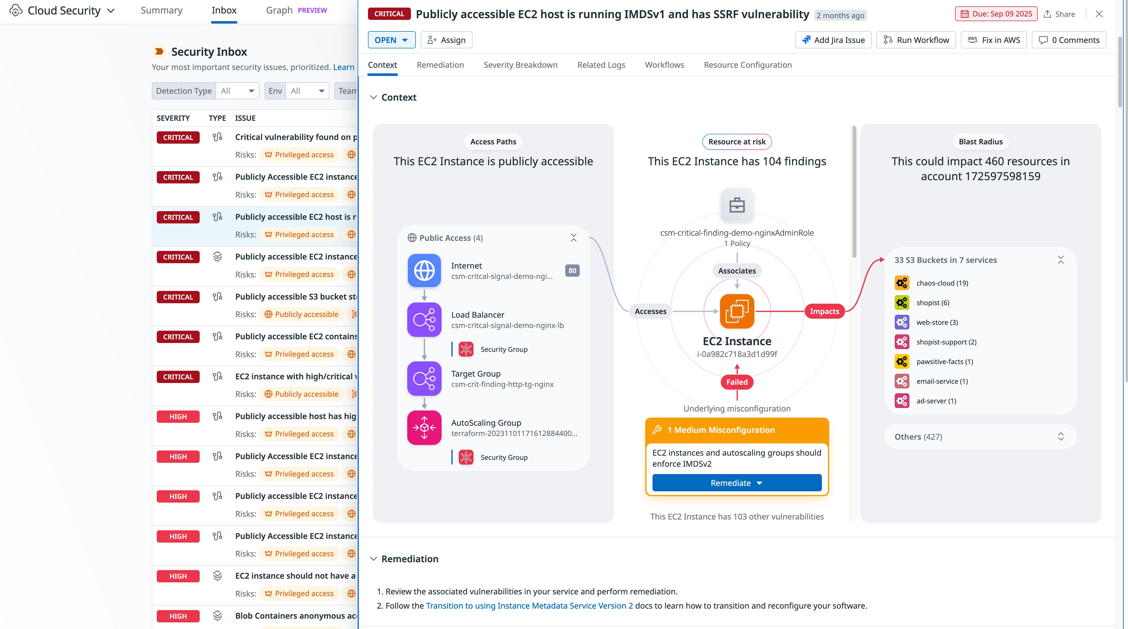 This screenshot shows the Cloud Security inbox view with a look at a specific detection rule for an EC2 host using the outdated IMDSv1. This screenshot shows the Cloud Security inbox view with a look at a specific detection rule for an EC2 host using the outdated IMDSv1.