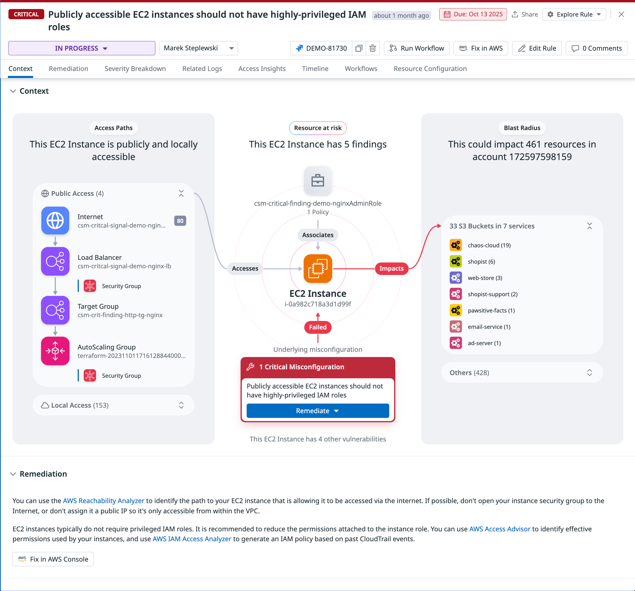 Screenshot showing a detection rule for a publicly accessible EC2 instance that shouldn't have certain IAM privileges.