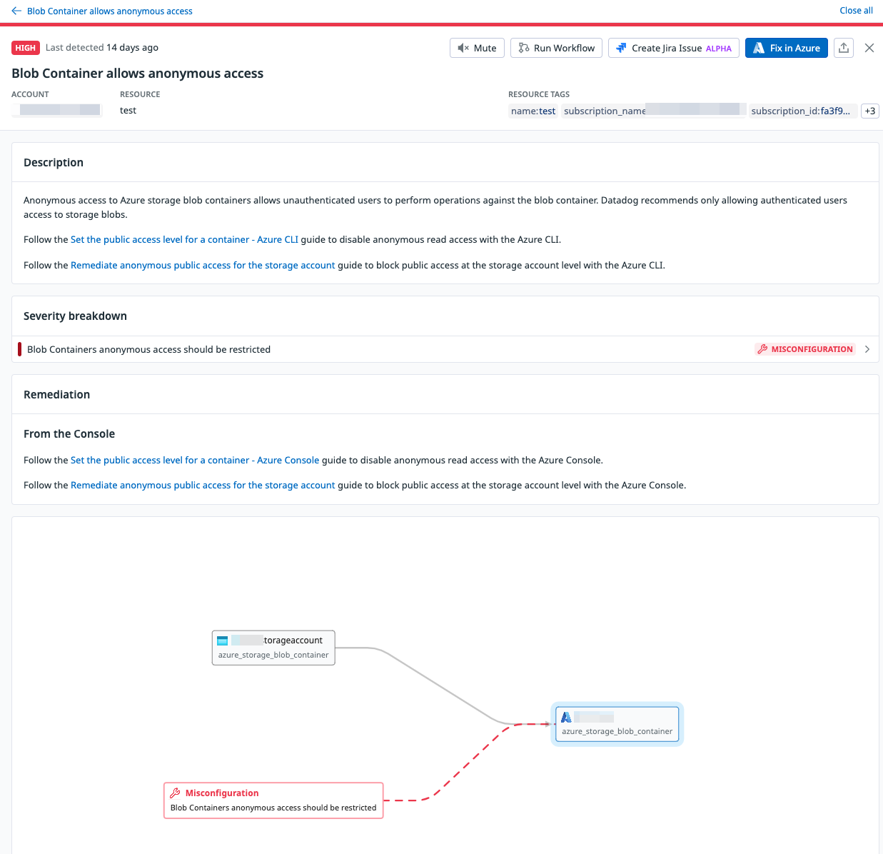 Vulnerable blob storage finding in Datadog Cloud Security