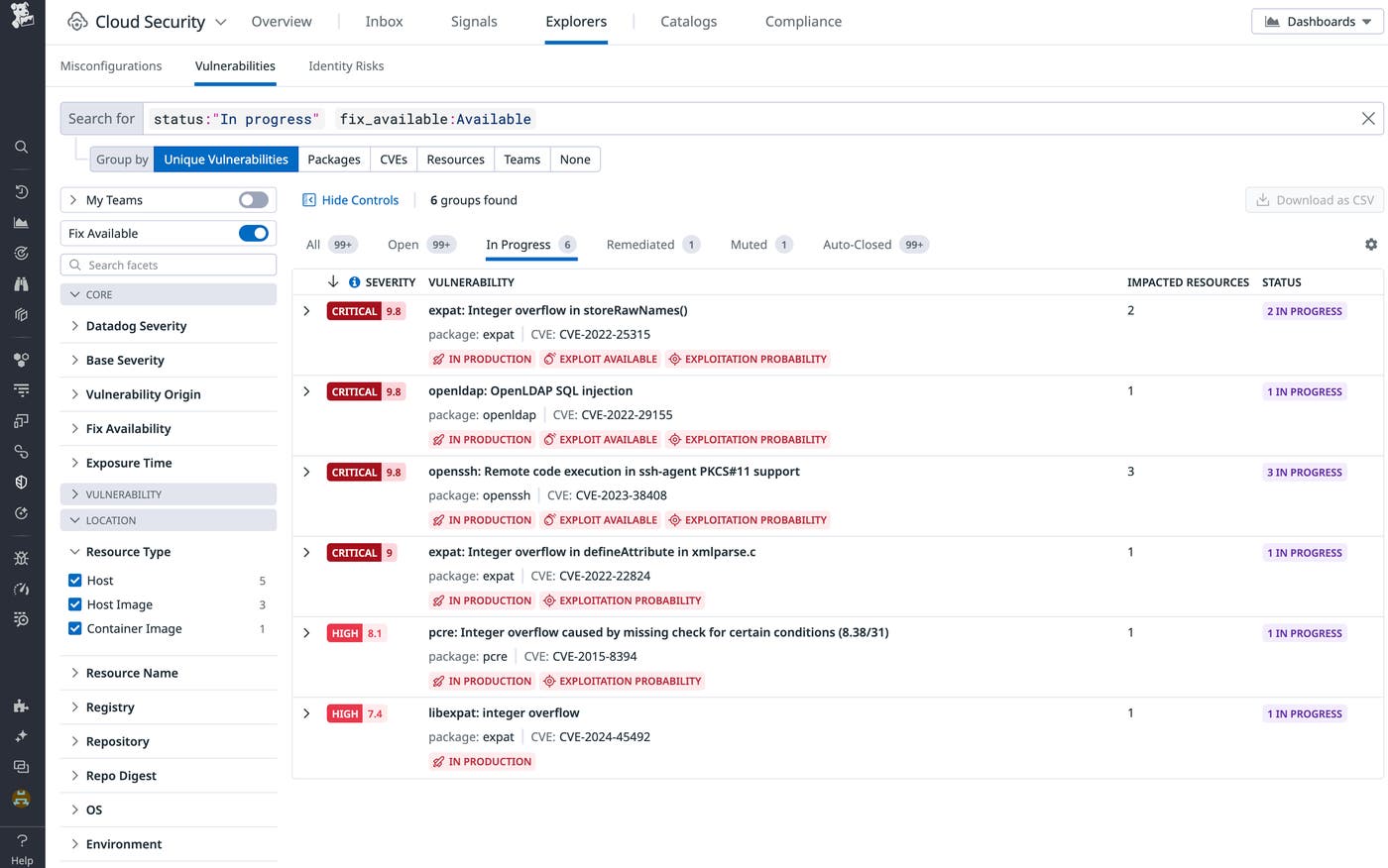 Vulnerabilities list with varying statuses. Vulnerabilities list with varying statuses.