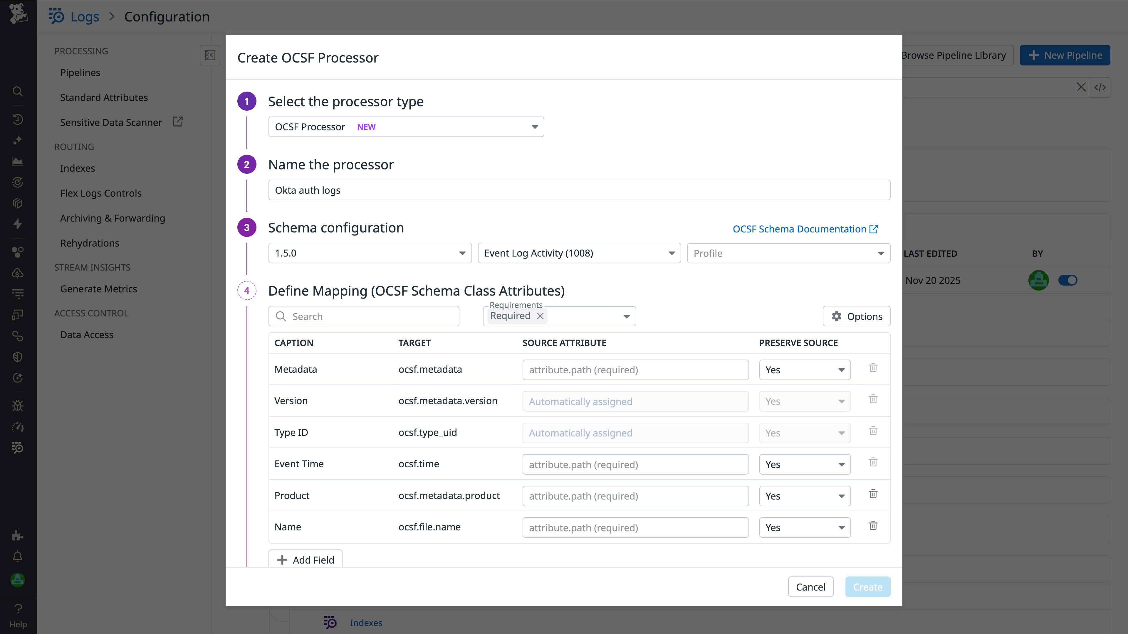 Screenshot showing how to create and configure an OCSF processor