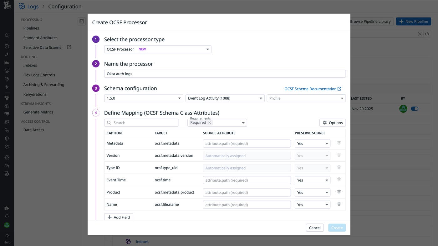 Screenshot showing how to create and configure an OCSF processor Screenshot showing how to create and configure an OCSF processor