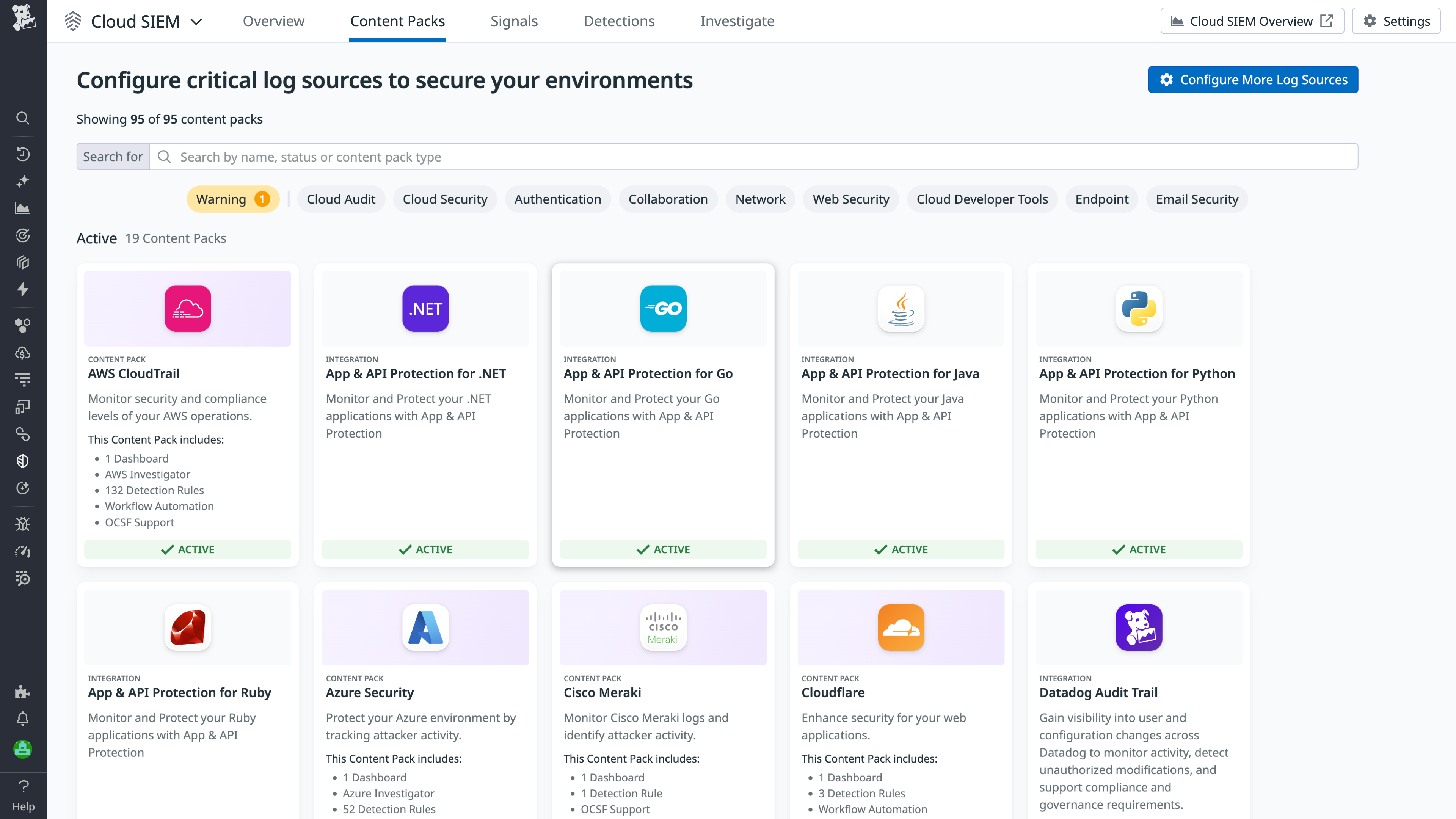 Screenshot of the Content Pack library showing the available Packs in Cloud SIEM.
