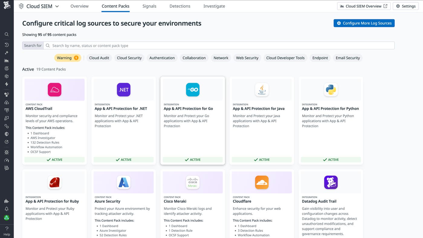 Screenshot of the Content Pack library showing the available Packs in Cloud SIEM. Screenshot of the Content Pack library showing the available Packs in Cloud SIEM.