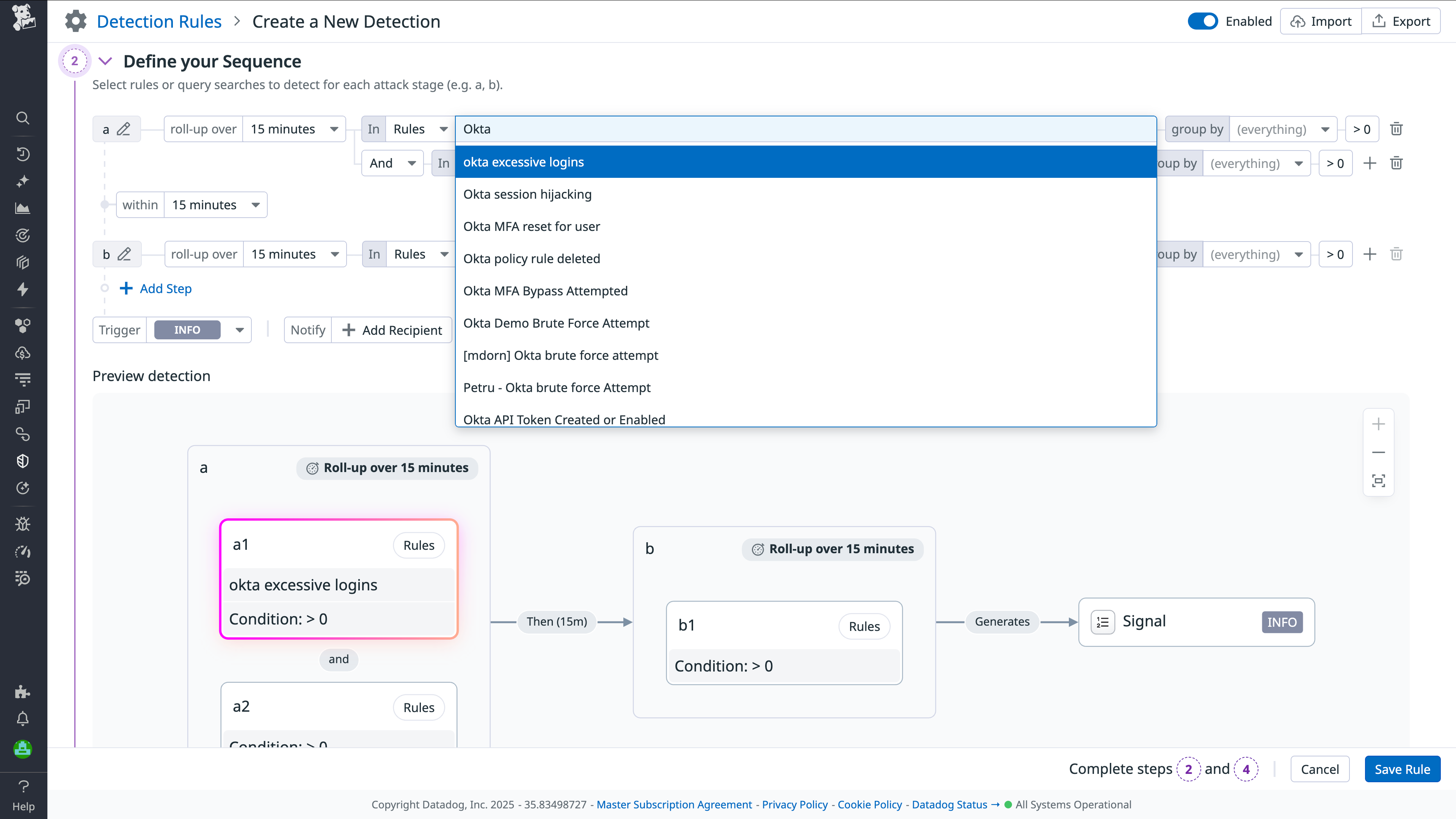 Screenshot showing how to set and define Sequence Detections for Okta.