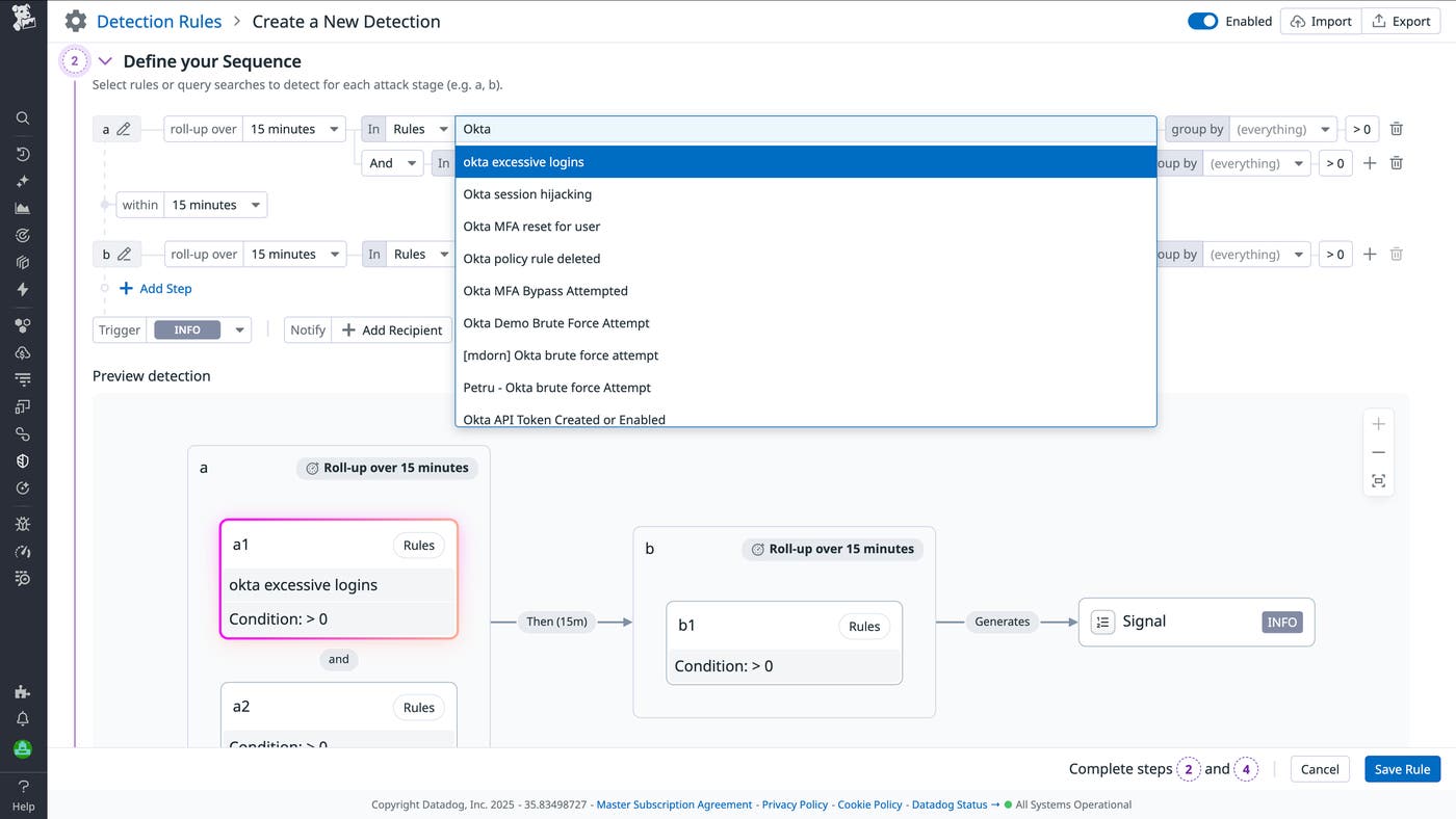 Screenshot showing how to set and define Sequence Detections for Okta. Screenshot showing how to set and define Sequence Detections for Okta.