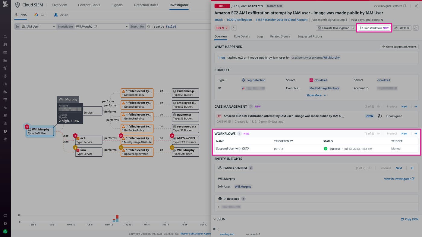 The Cloud SIEM Investigator's side panel includes a Run Workflow button. The Cloud SIEM Investigator's side panel includes a Run Workflow button.