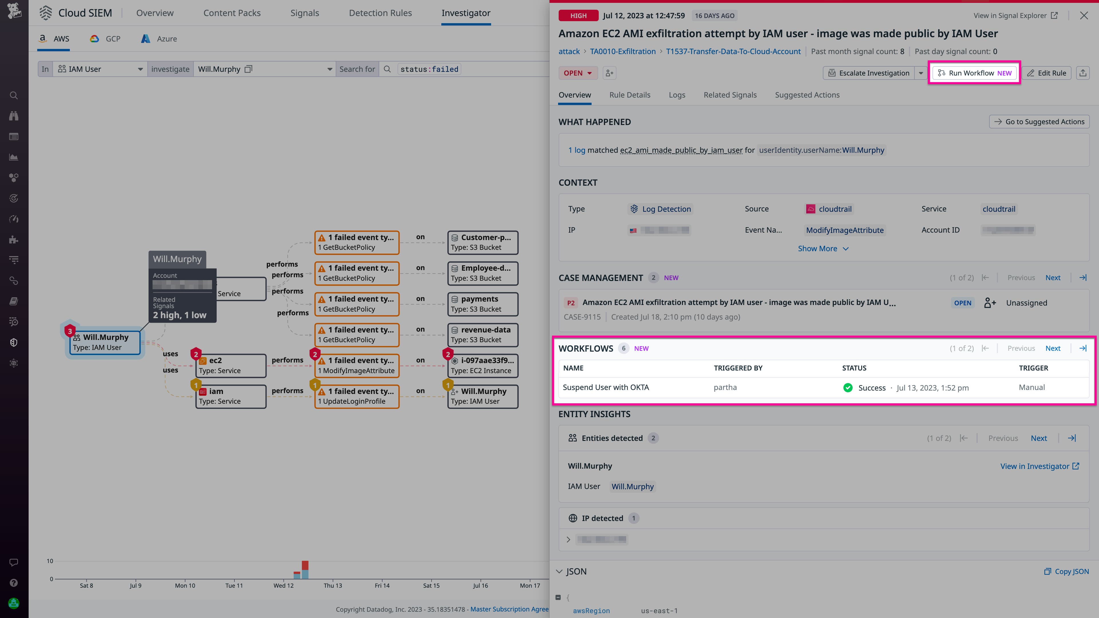 Cloud SIEM Investigator のサイドパネルには、Run Workflow ボタンがあります。 Cloud SIEM Investigator のサイドパネルには、Run Workflow ボタンがあります。