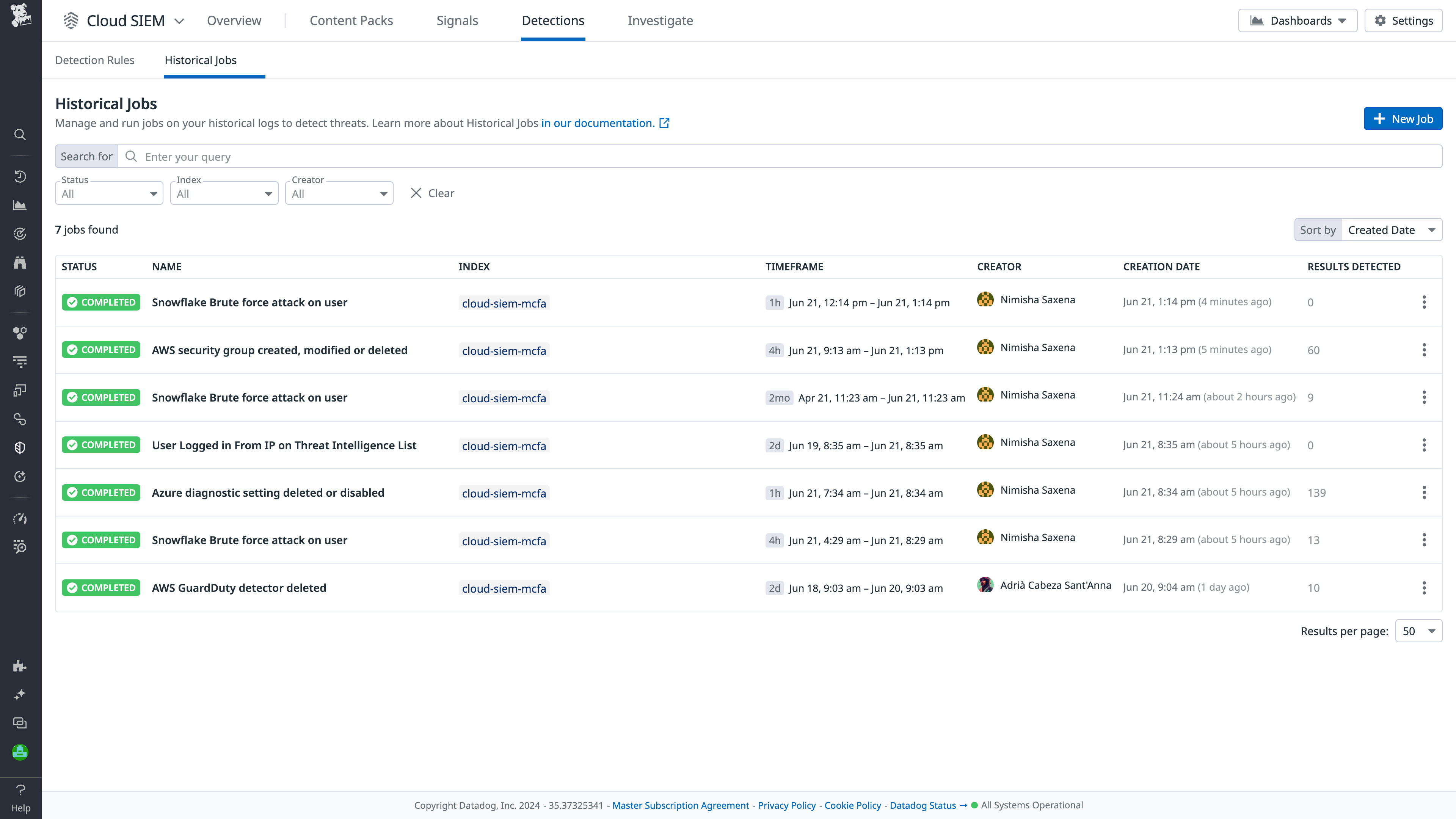 Datadog Cloud SIEM Historical Jobs list