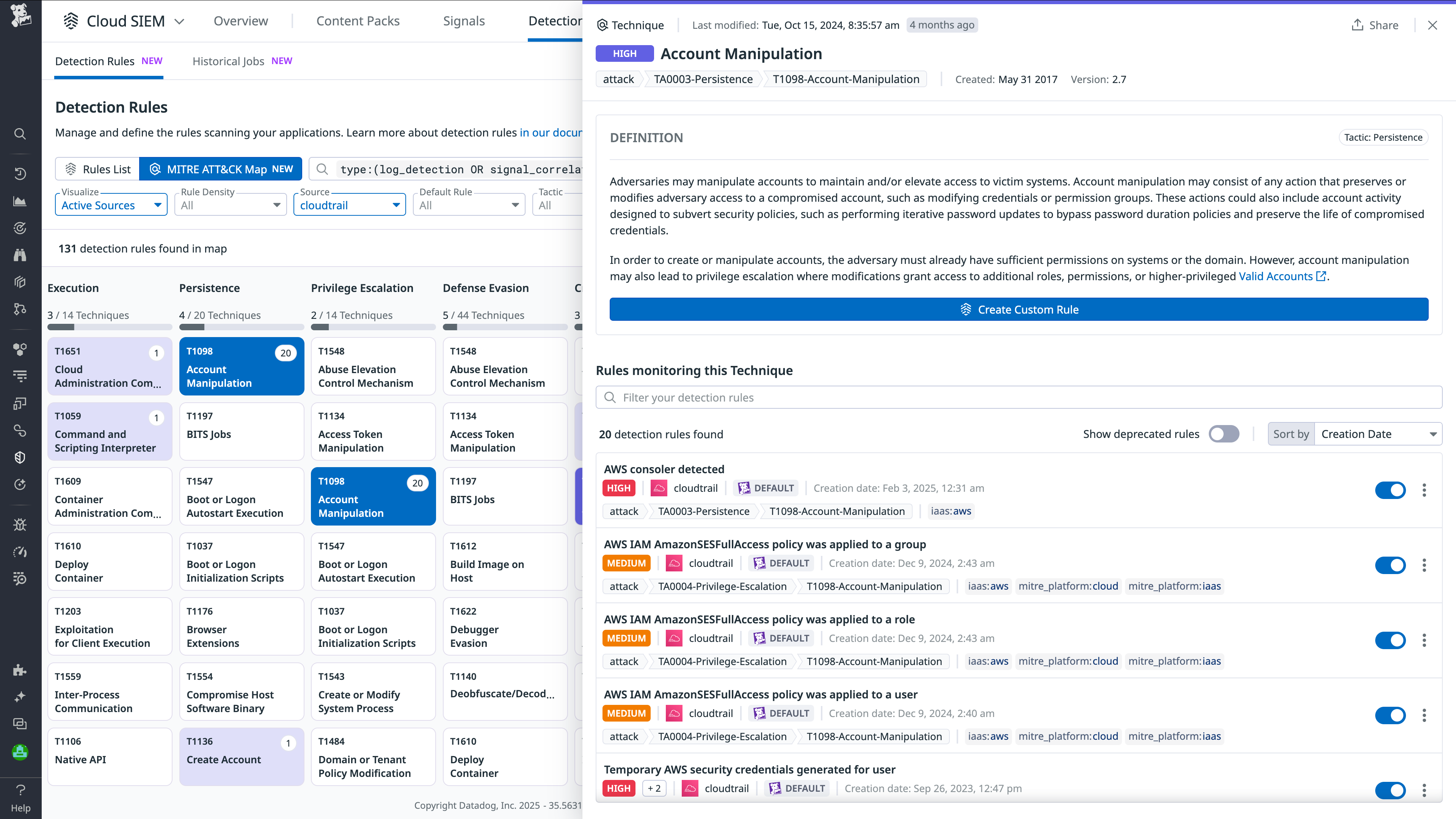 The MITRE ATT&CK Map side panel shows rules for the Account Manipulation technique.