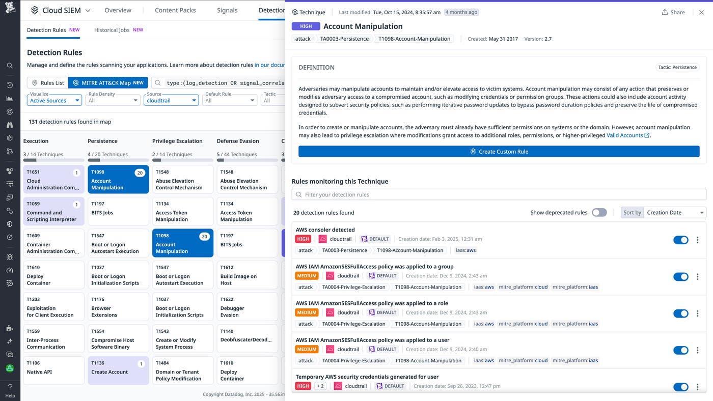 The MITRE ATT&CK Map side panel shows rules for the Account Manipulation technique. The MITRE ATT&CK Map side panel shows rules for the Account Manipulation technique.
