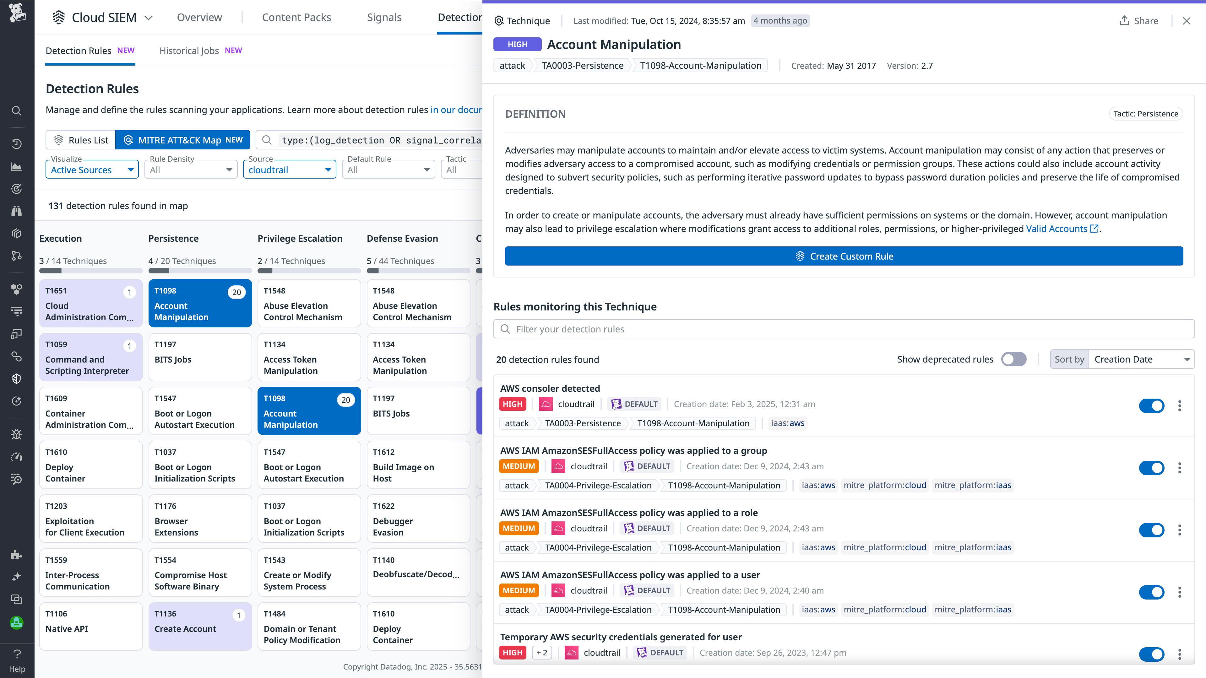 The MITRE ATT&CK Map side panel shows rules for the Account Manipulation technique. The MITRE ATT&CK Map side panel shows rules for the Account Manipulation technique.