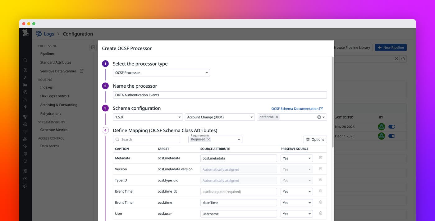 Normalize any logs for Cloud SIEM with Datadog's OCSF processor Normalize any logs for Cloud SIEM with Datadog's OCSF processor