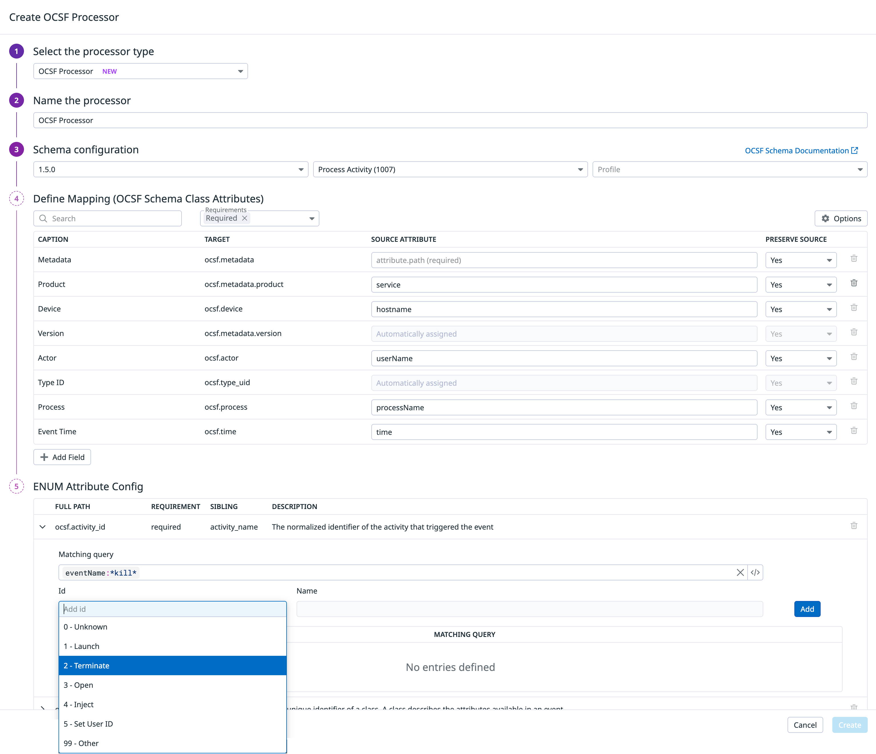 Creating an OCSF processor with specified attribute mappings.