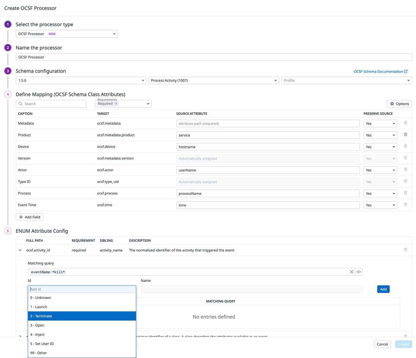Creating an OCSF processor with specified attribute mappings. Creating an OCSF processor with specified attribute mappings.