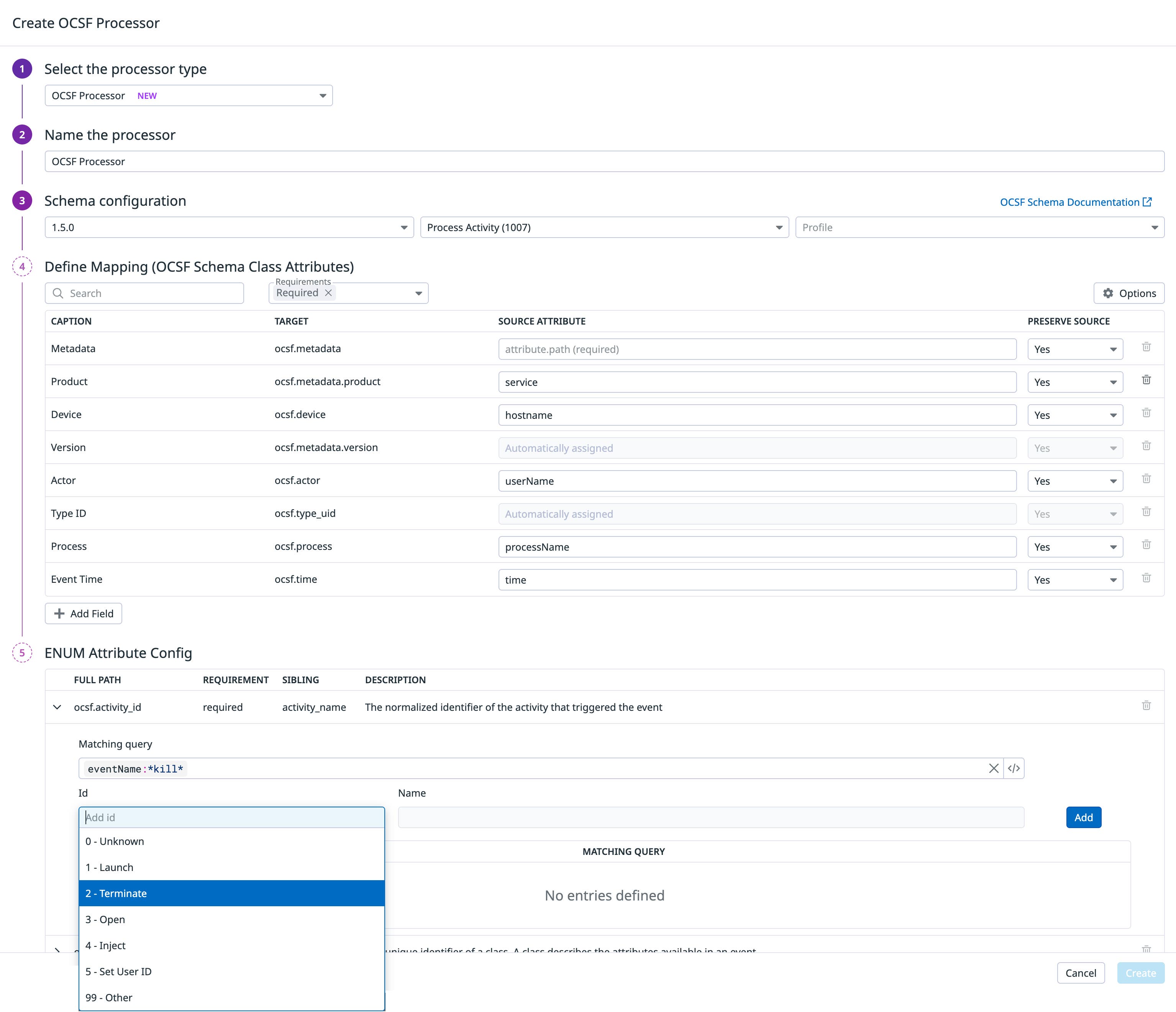 Creating an OCSF processor with specified attribute mappings. Creating an OCSF processor with specified attribute mappings.