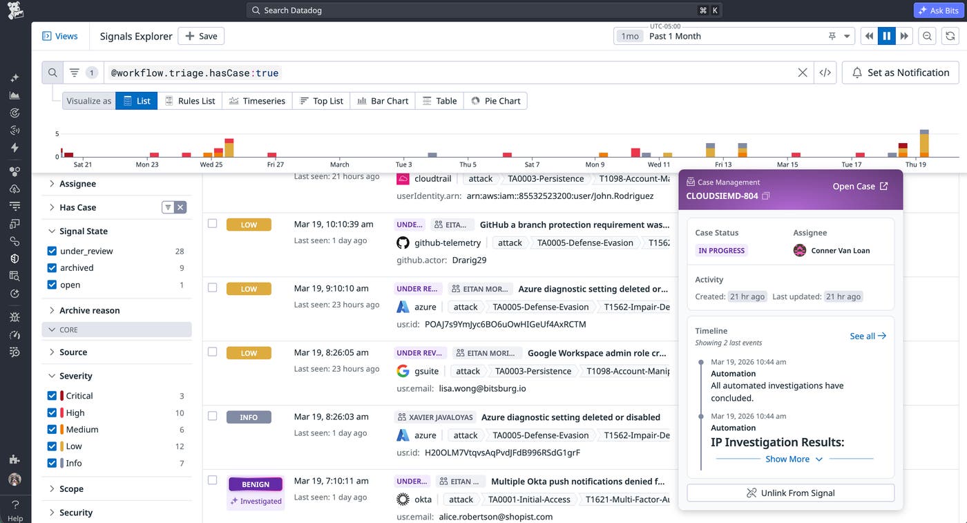 Cloud SIEM signal list showing a linked case Cloud SIEM signal list showing a linked case